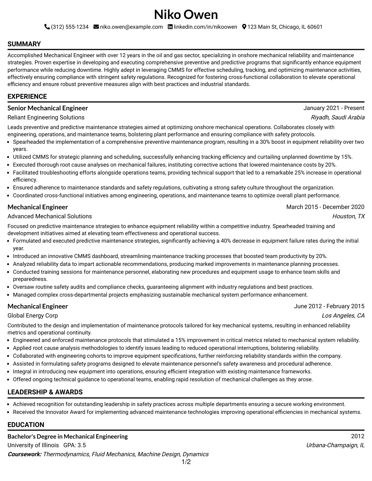 Resume Example Page 1