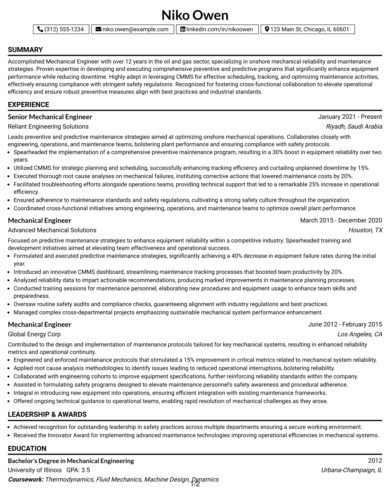 Resume Example Page 1