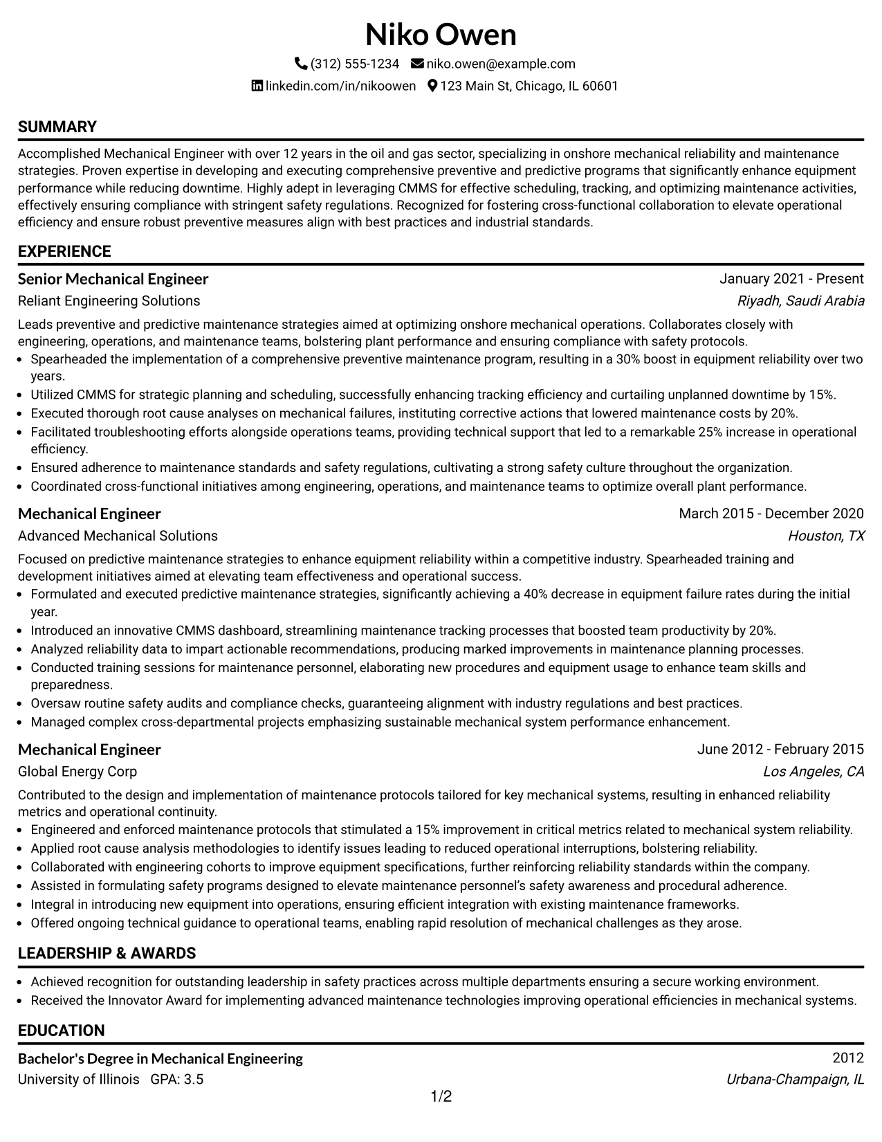 Resume Example Page 1