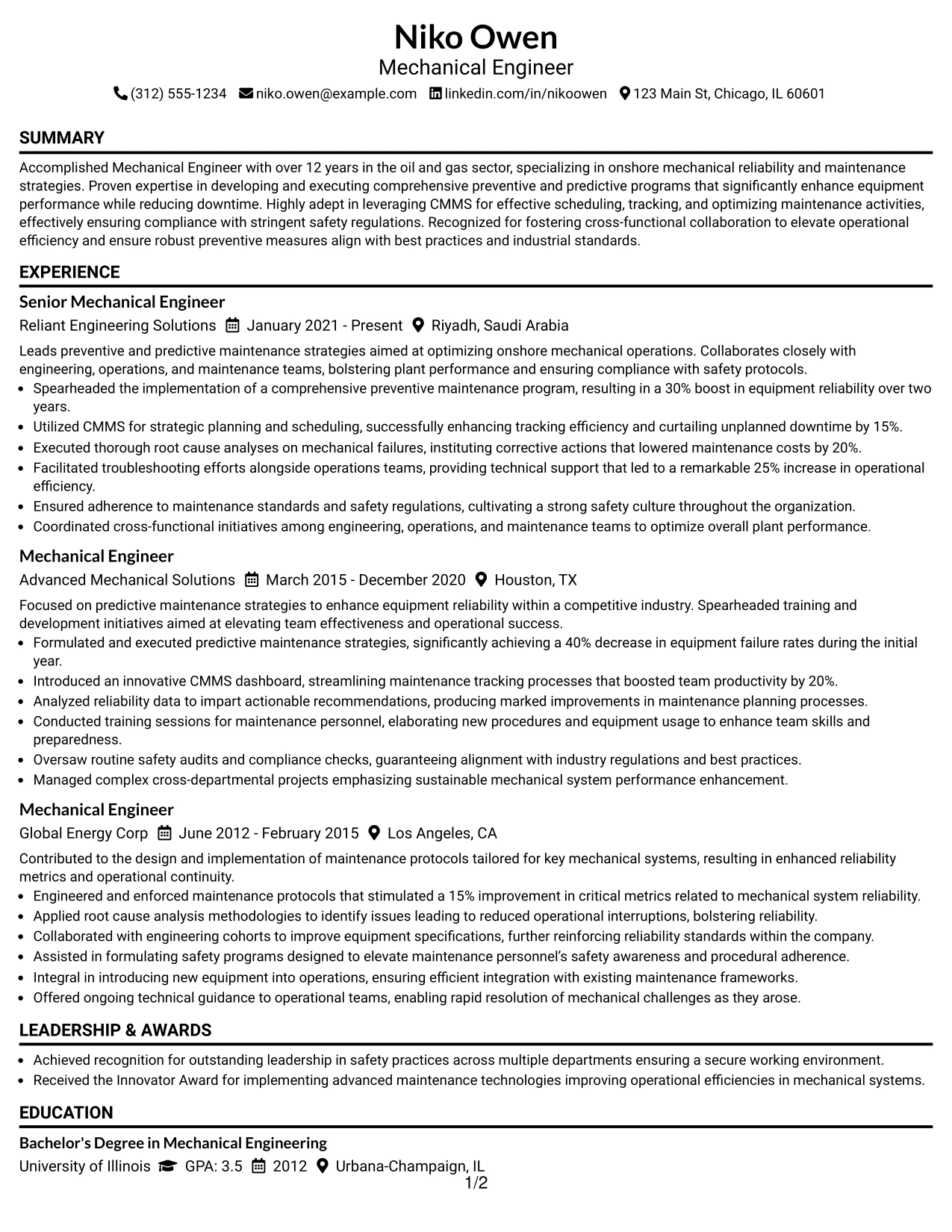 Resume Example Page 1
