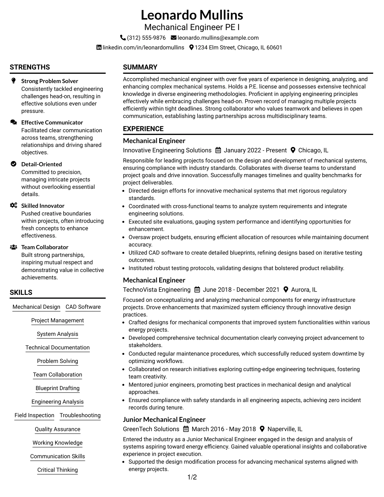 Resume Example Page 1