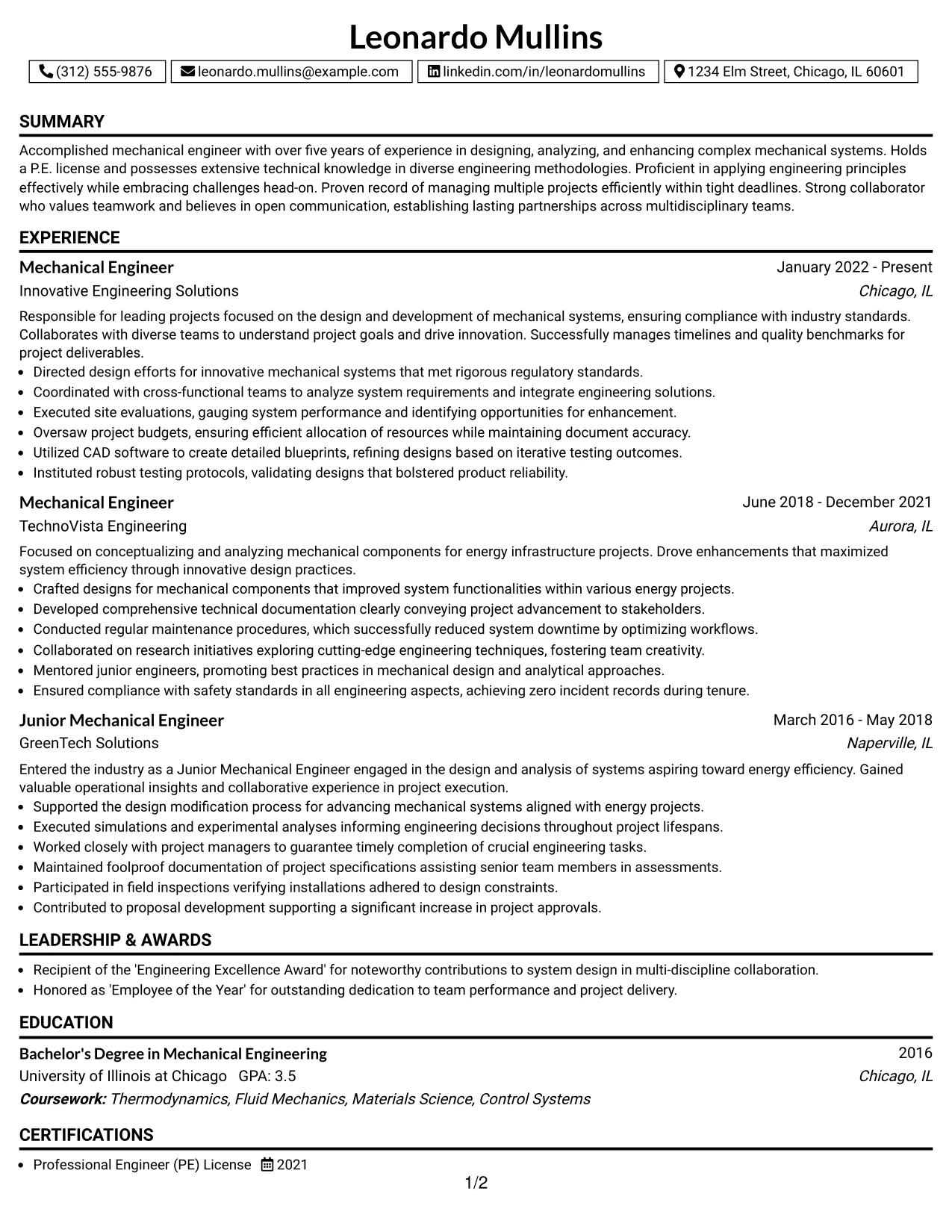 Resume Example Page 1