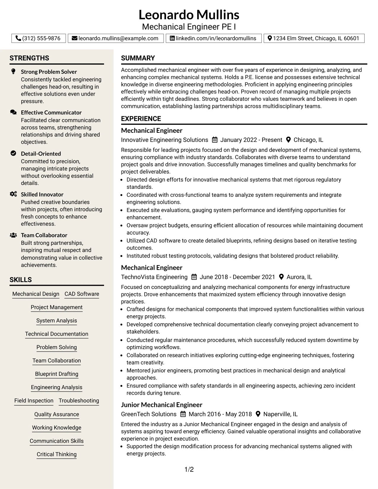 Resume Example Page 1