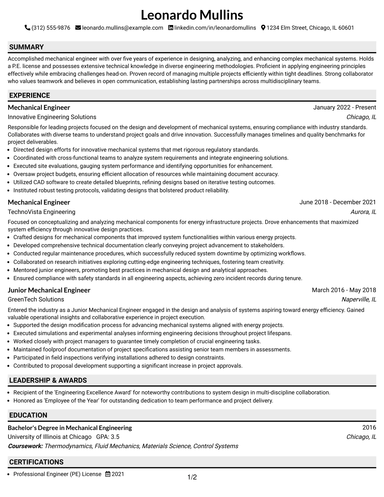 Resume Example Page 1