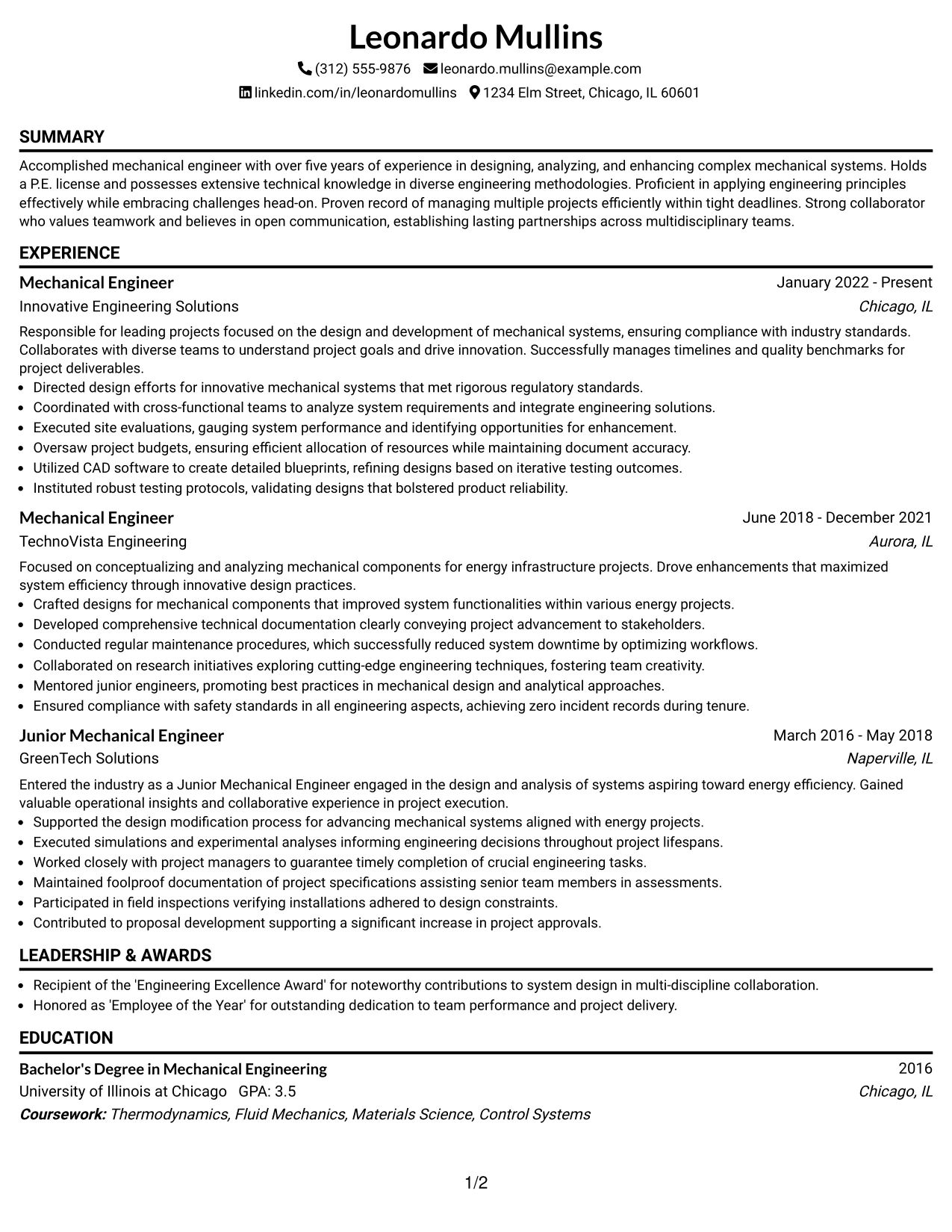 Resume Example Page 1