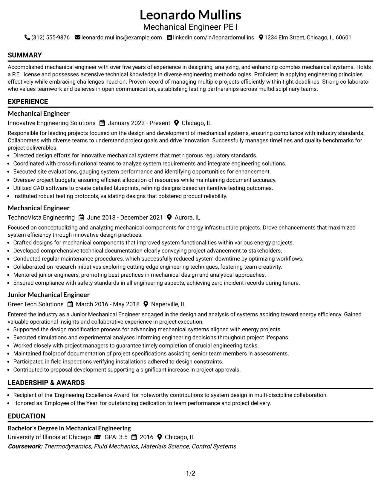 Resume Example Page 1