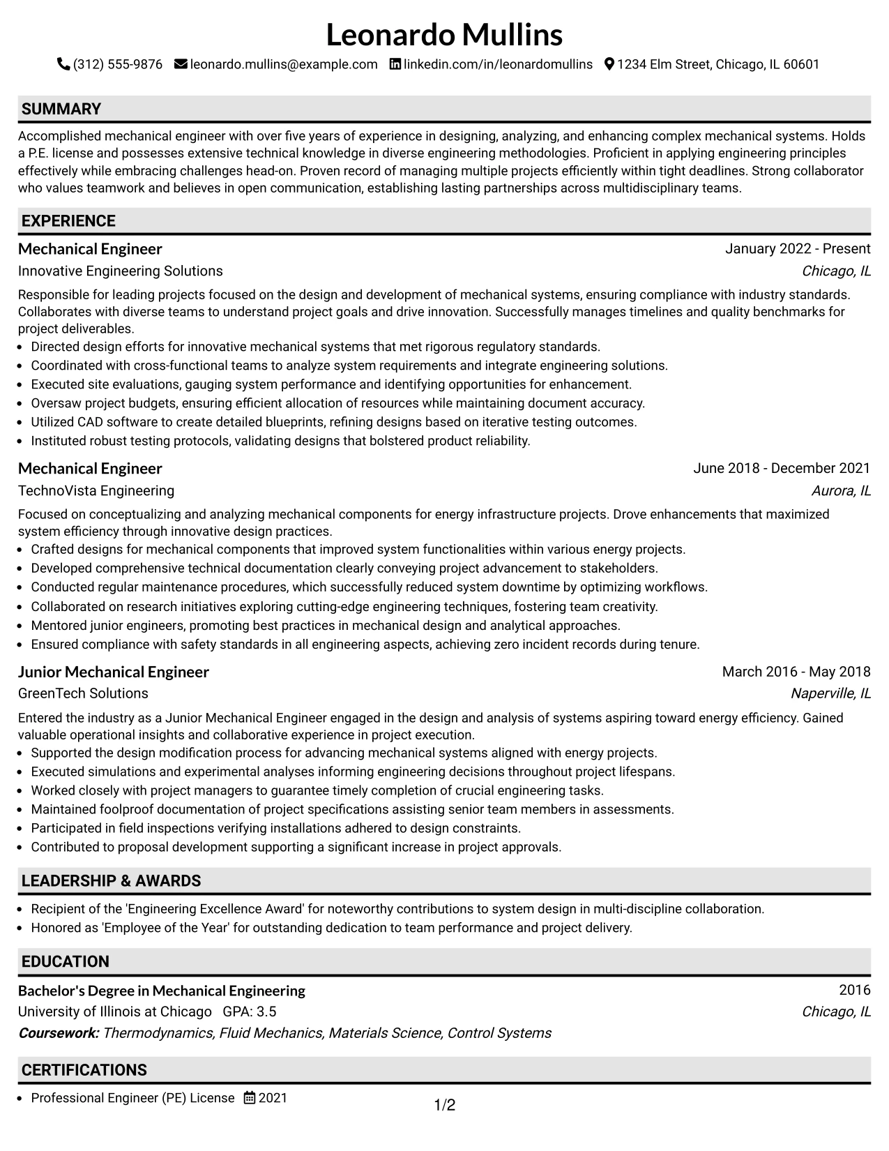 Resume Example Page 1