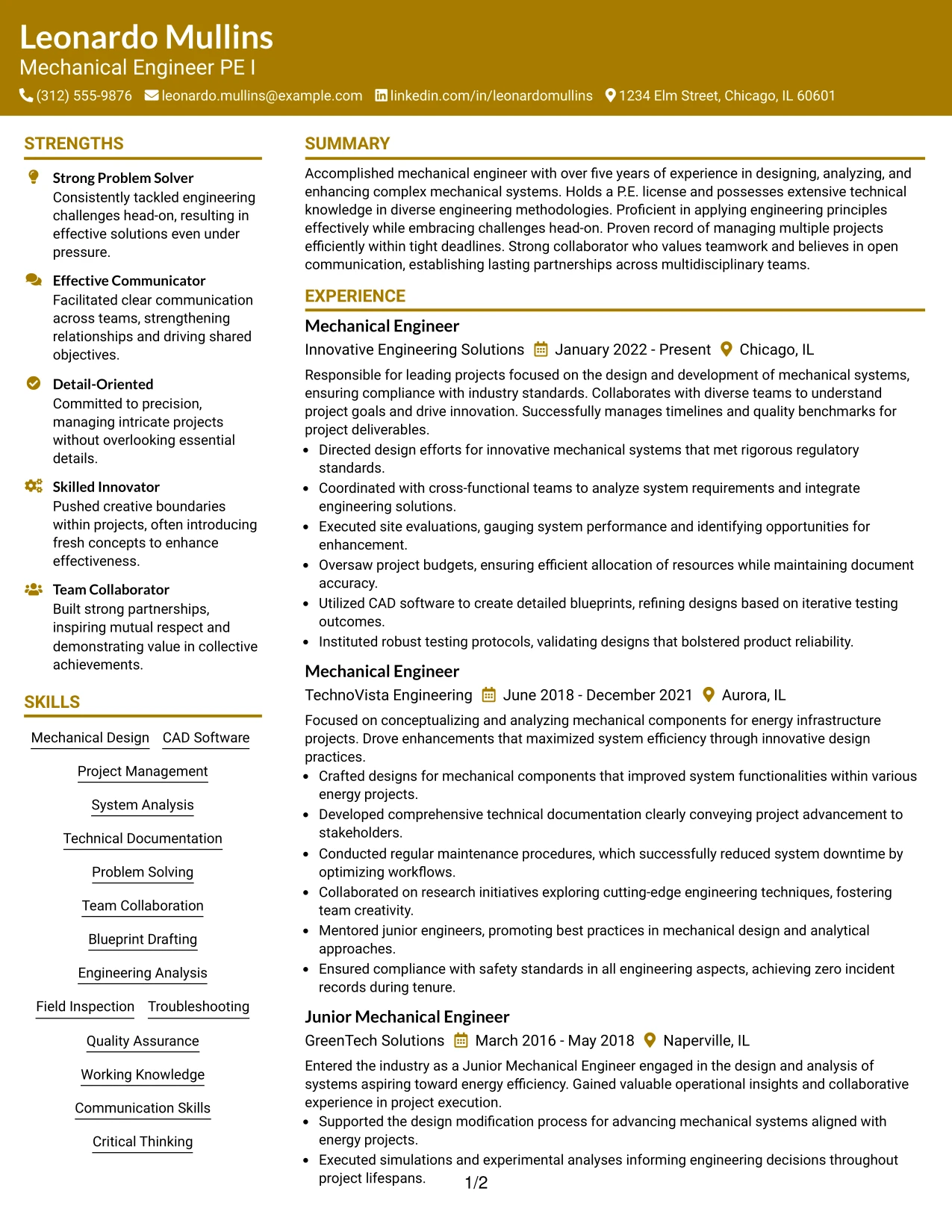 Resume Example Page 1