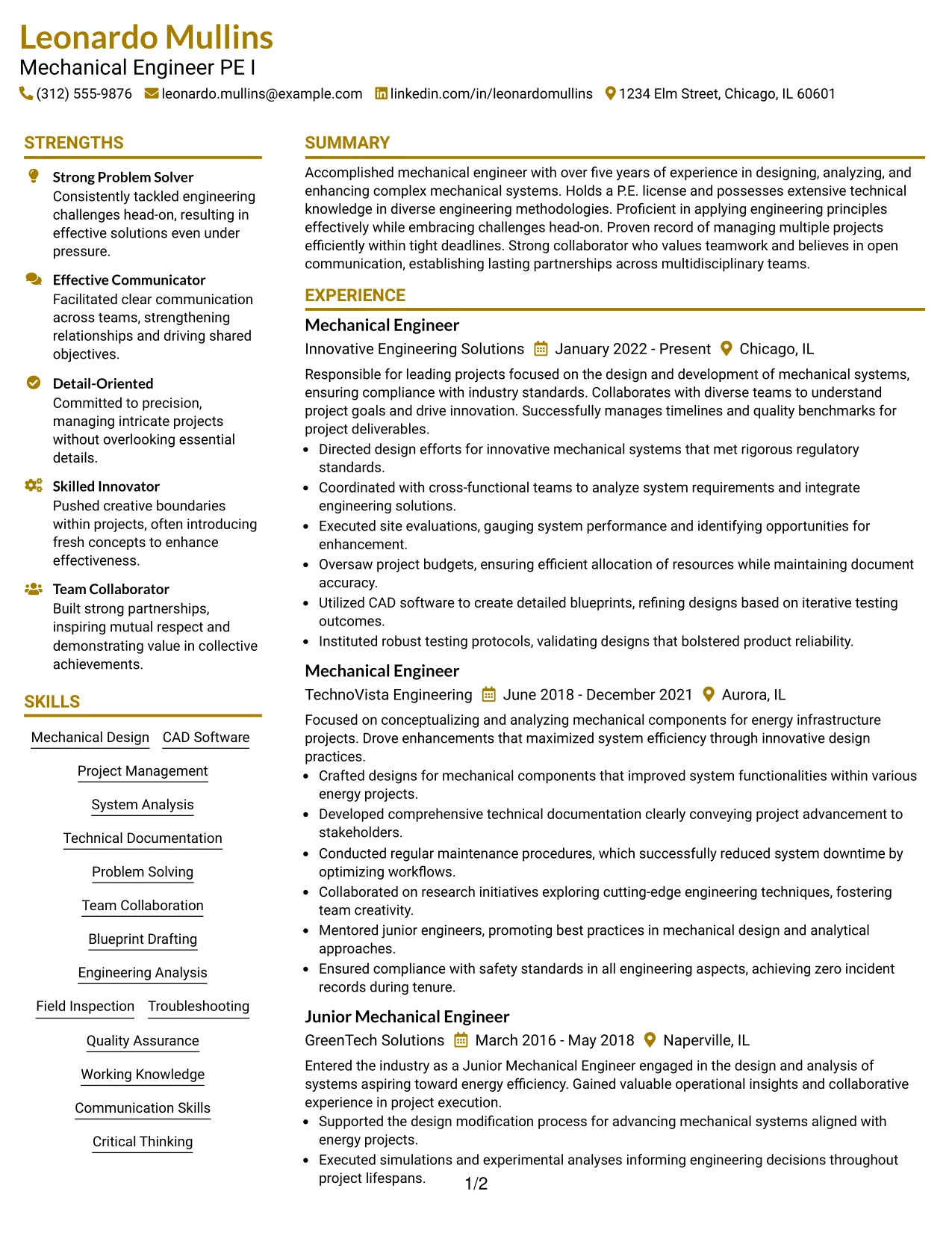 Resume Example Page 1