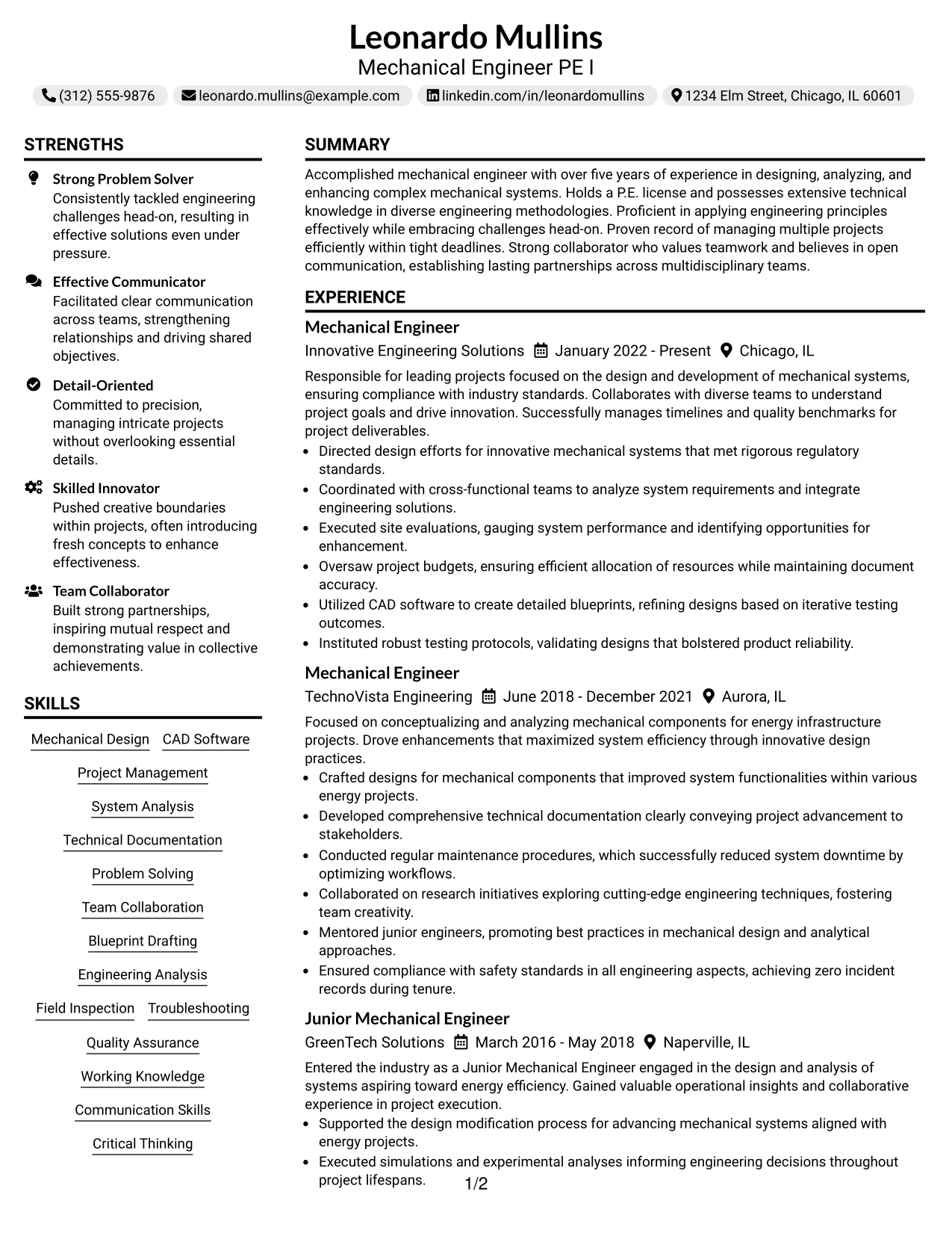 Resume Example Page 1