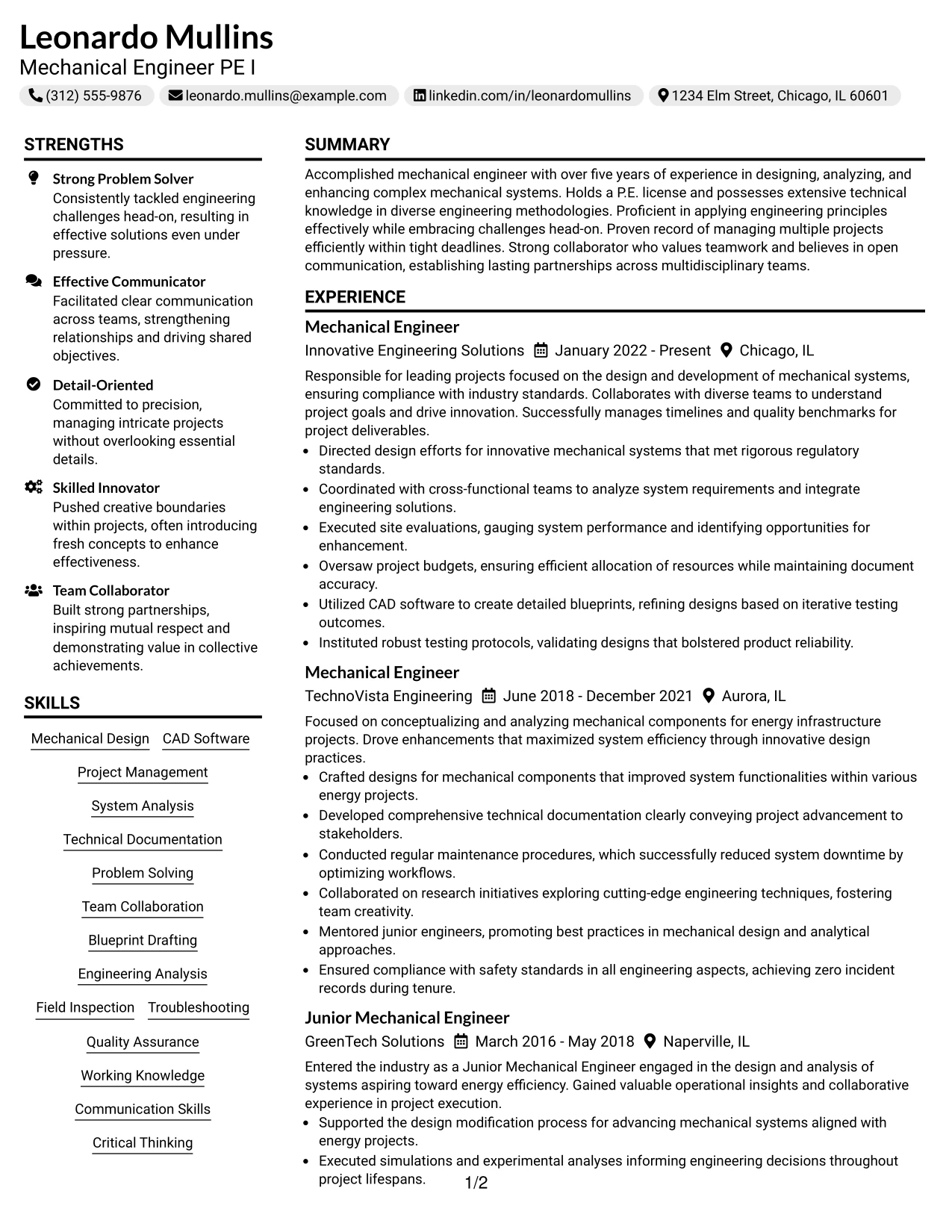 Resume Example Page 1