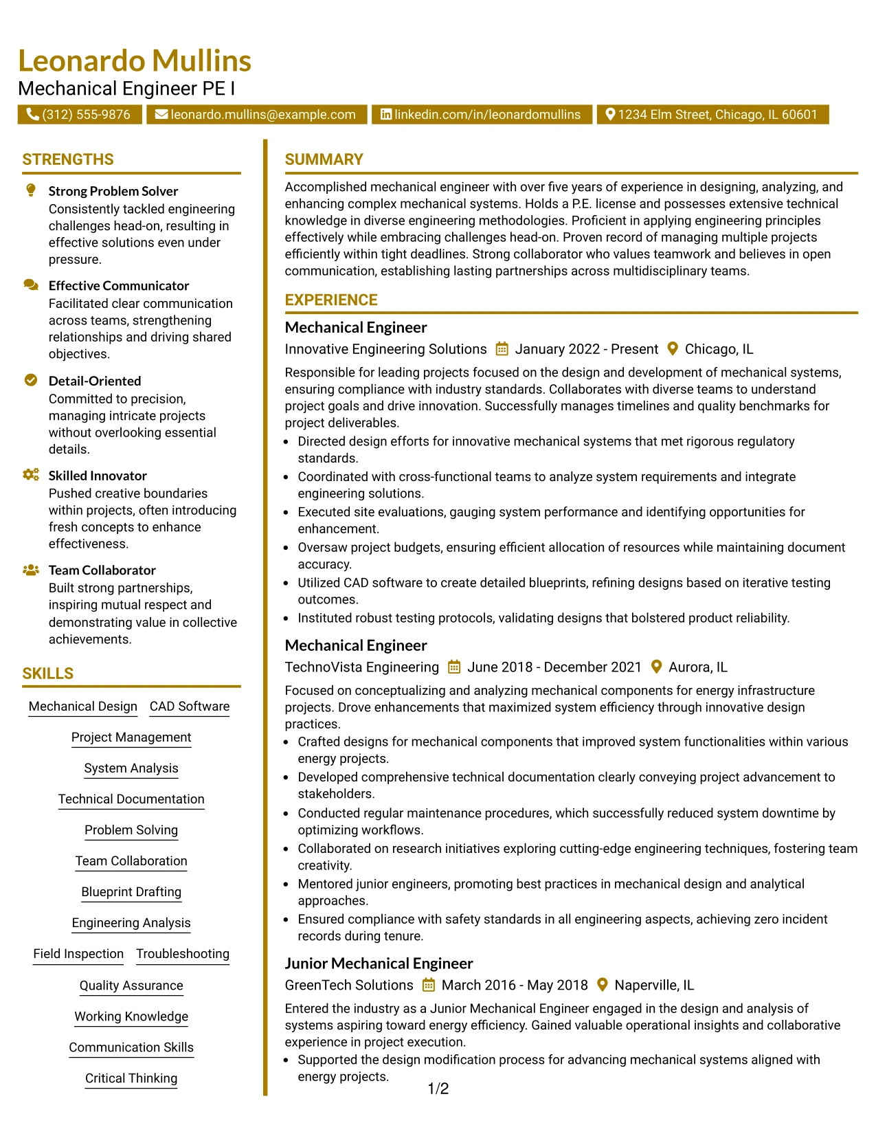 Resume Example Page 1