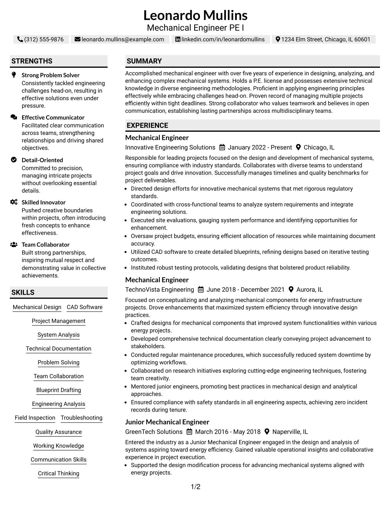 Resume Example Page 1