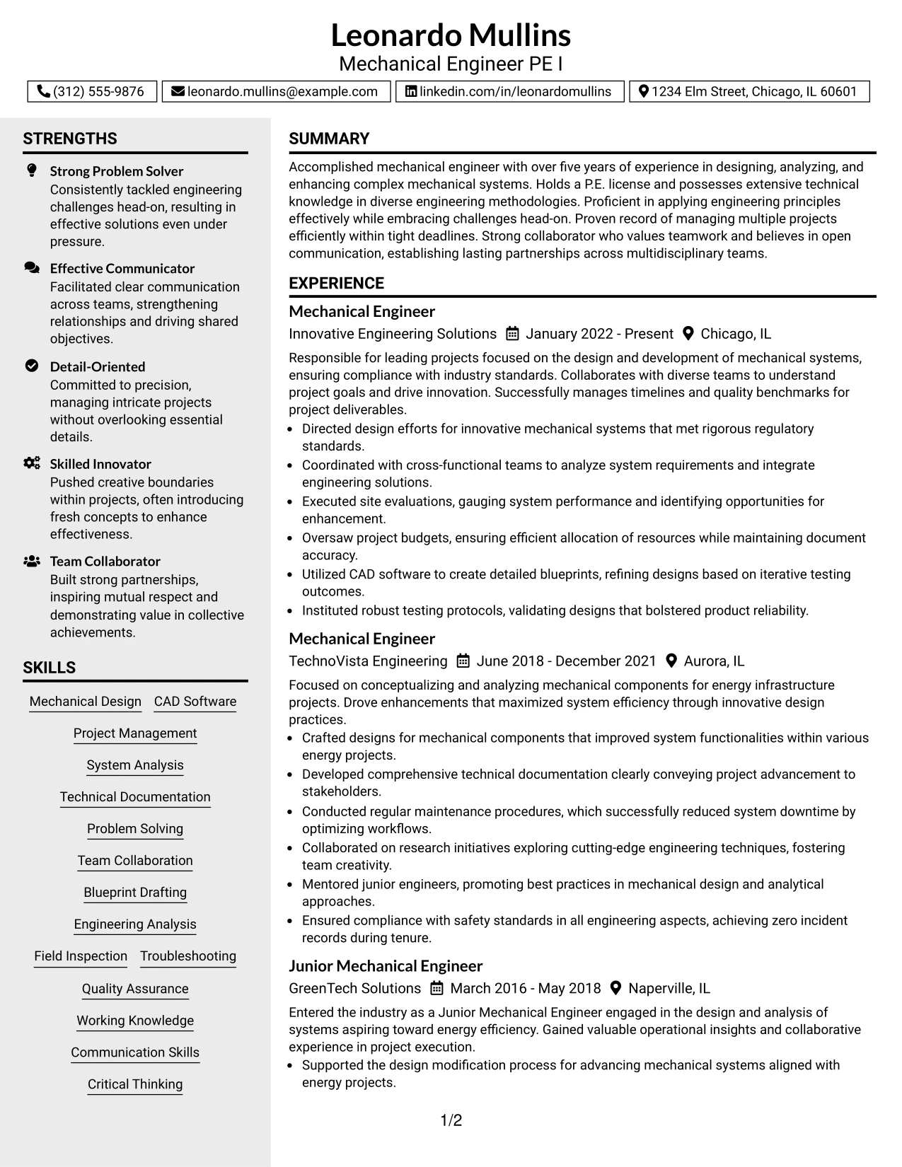 Resume Example Page 1
