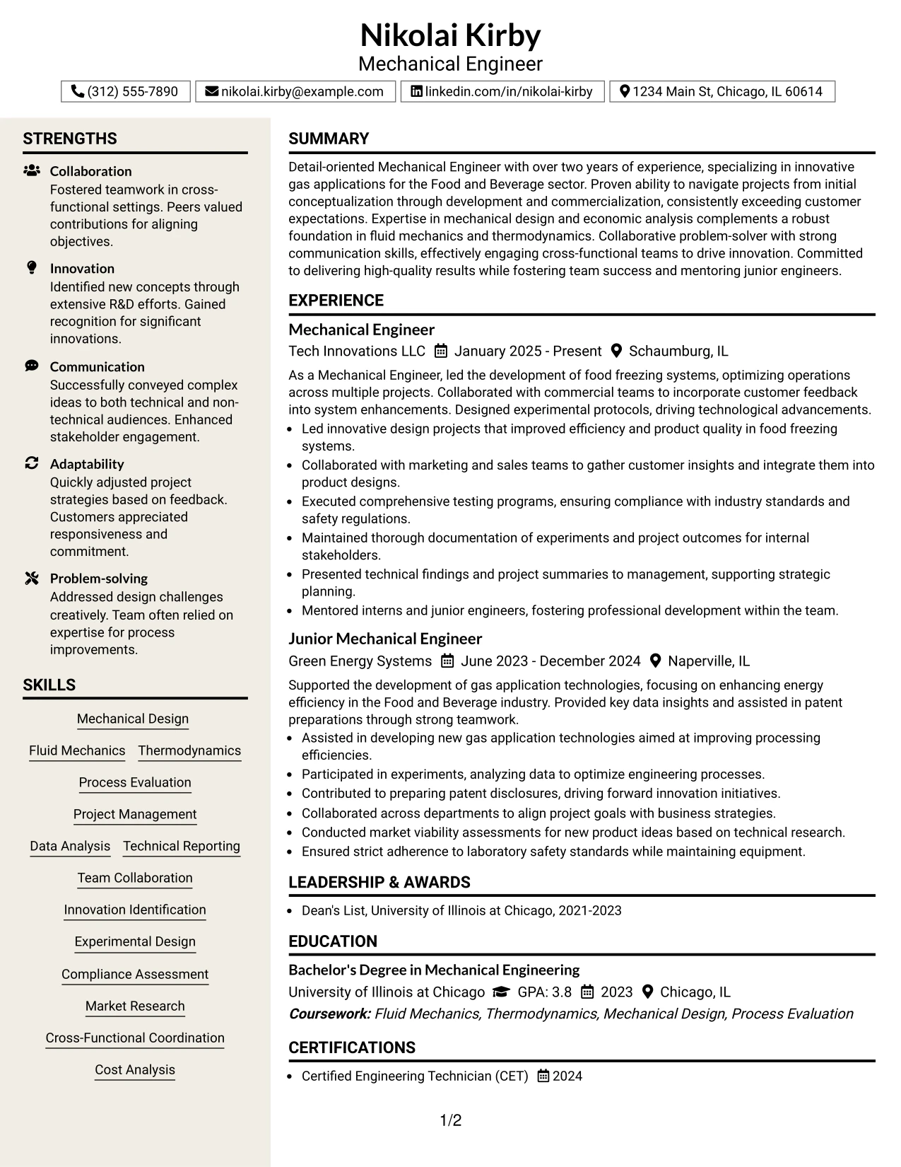 Resume Example Page 1