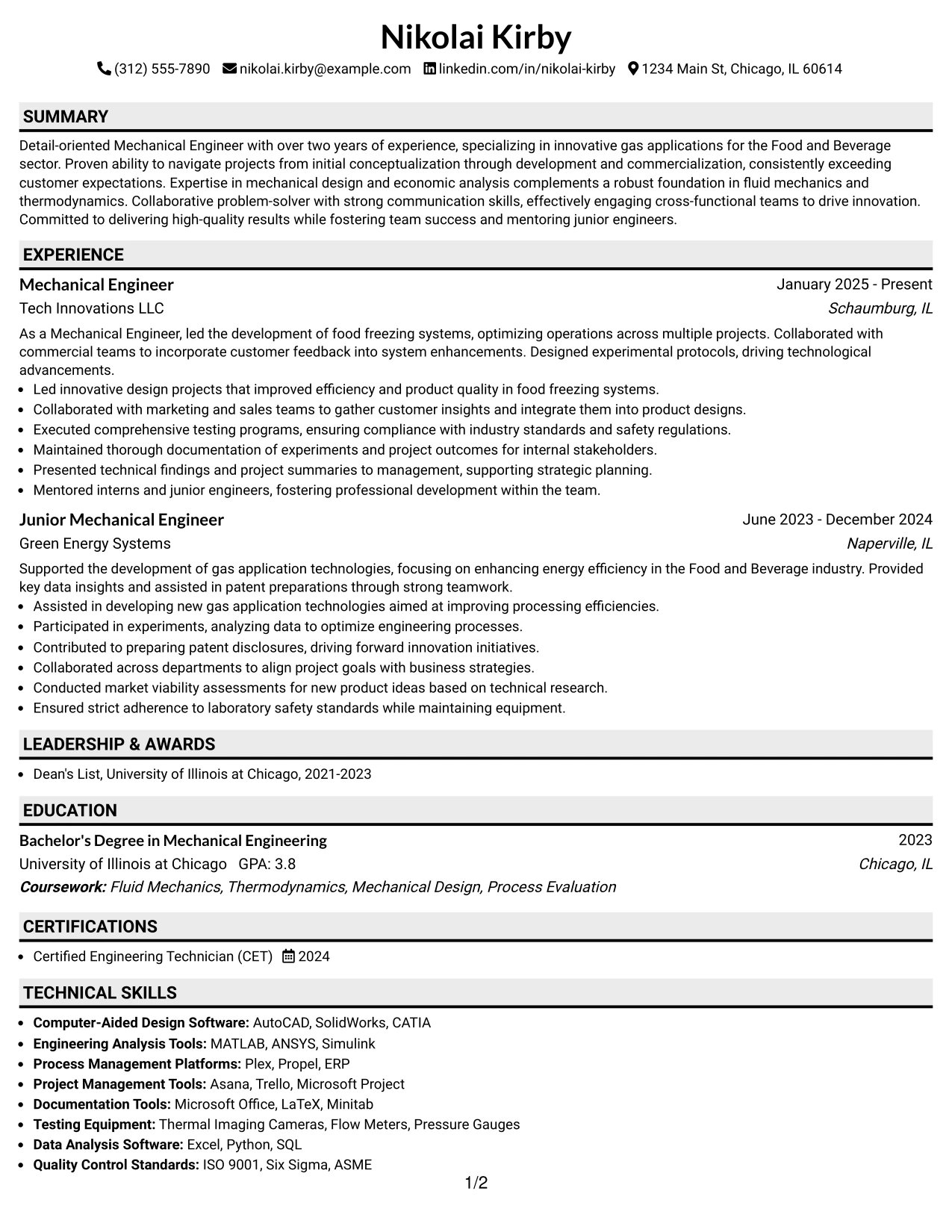 Resume Example Page 1