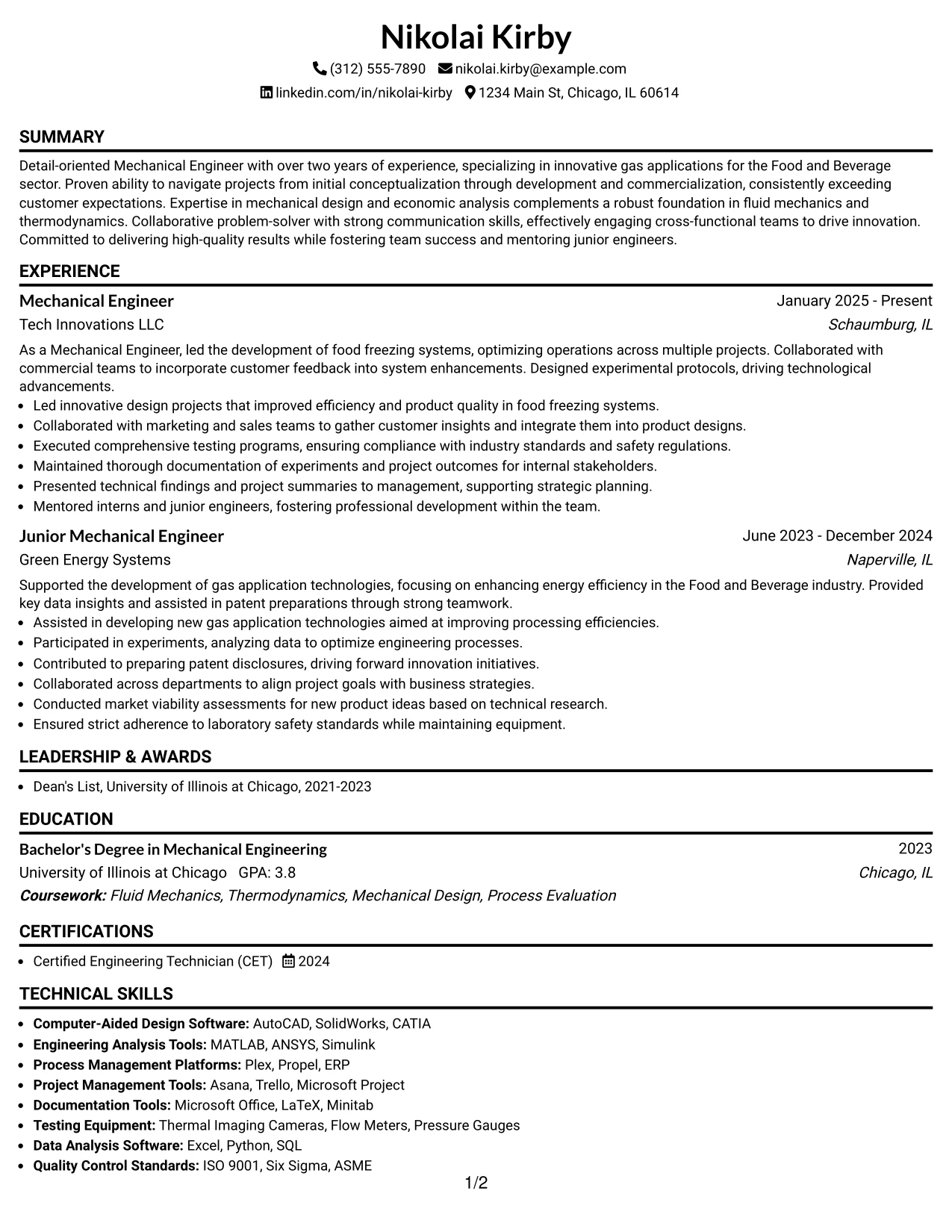Resume Example Page 1
