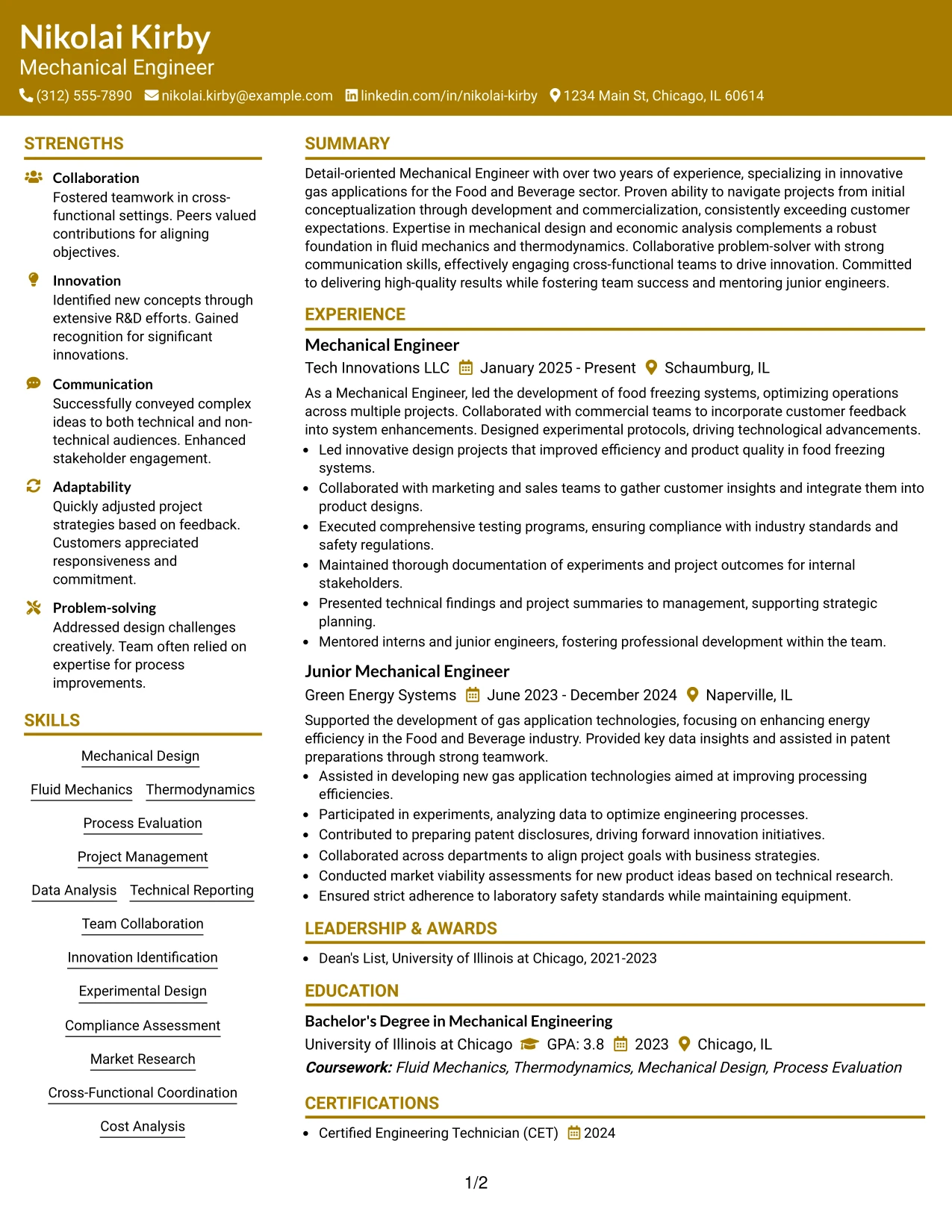 Resume Example Page 1