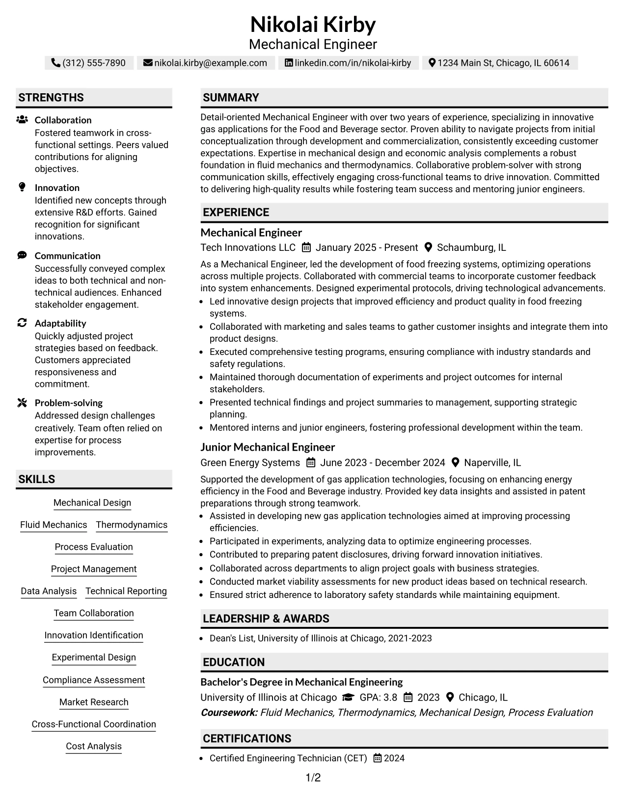Resume Example Page 1