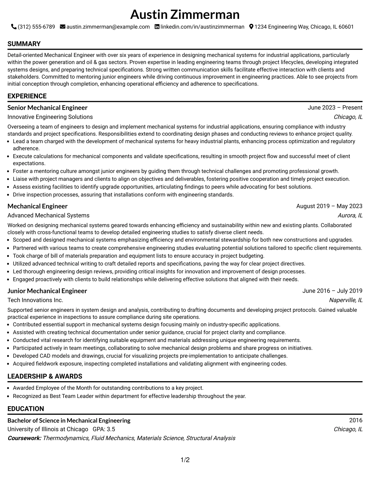 Resume Example Page 1