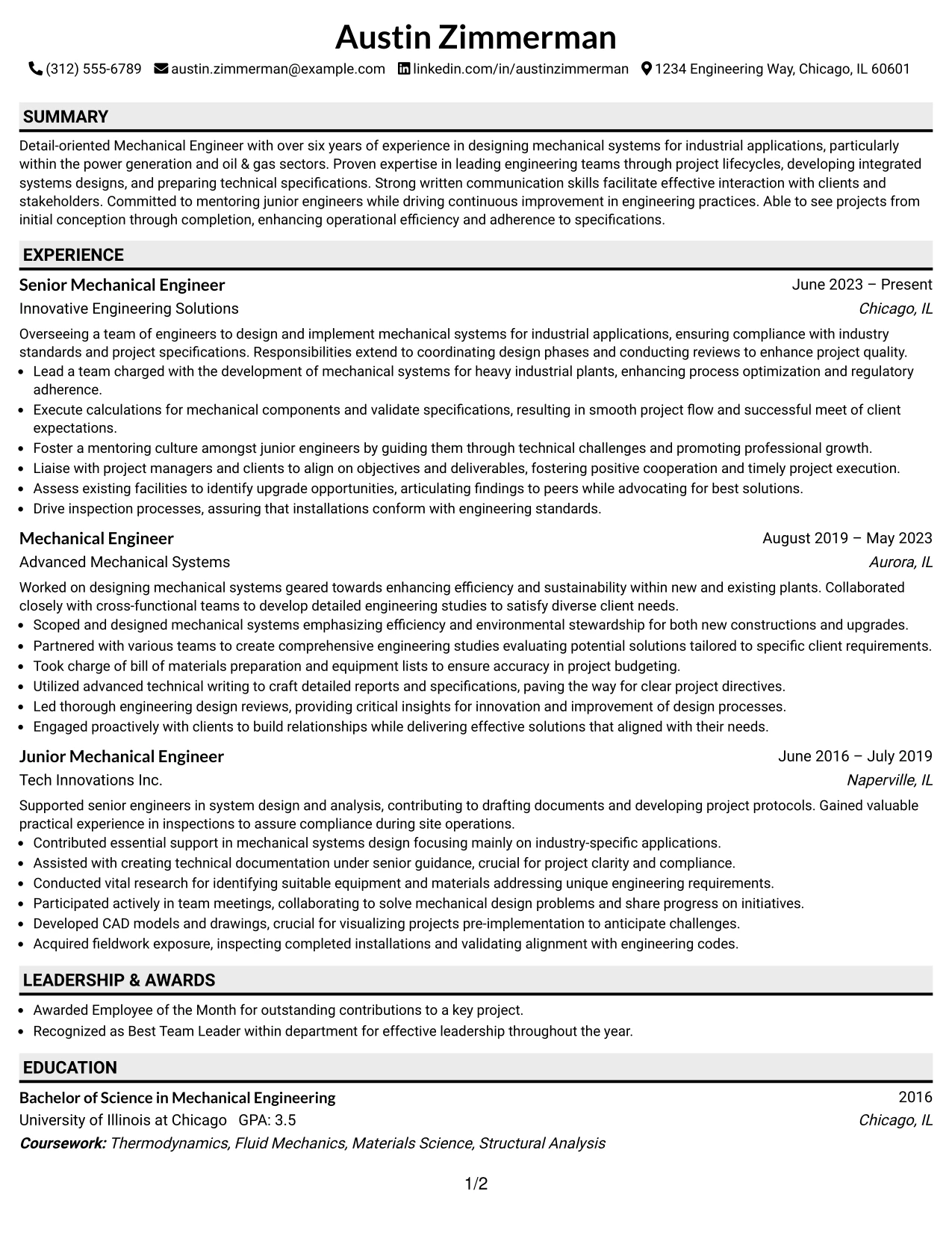 Resume Example Page 1