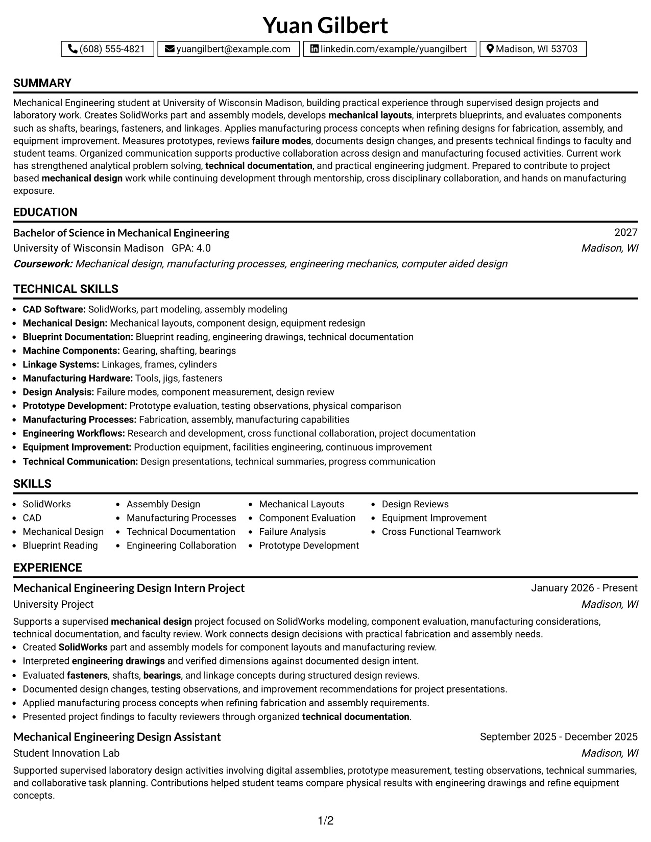 Resume Example Page 1
