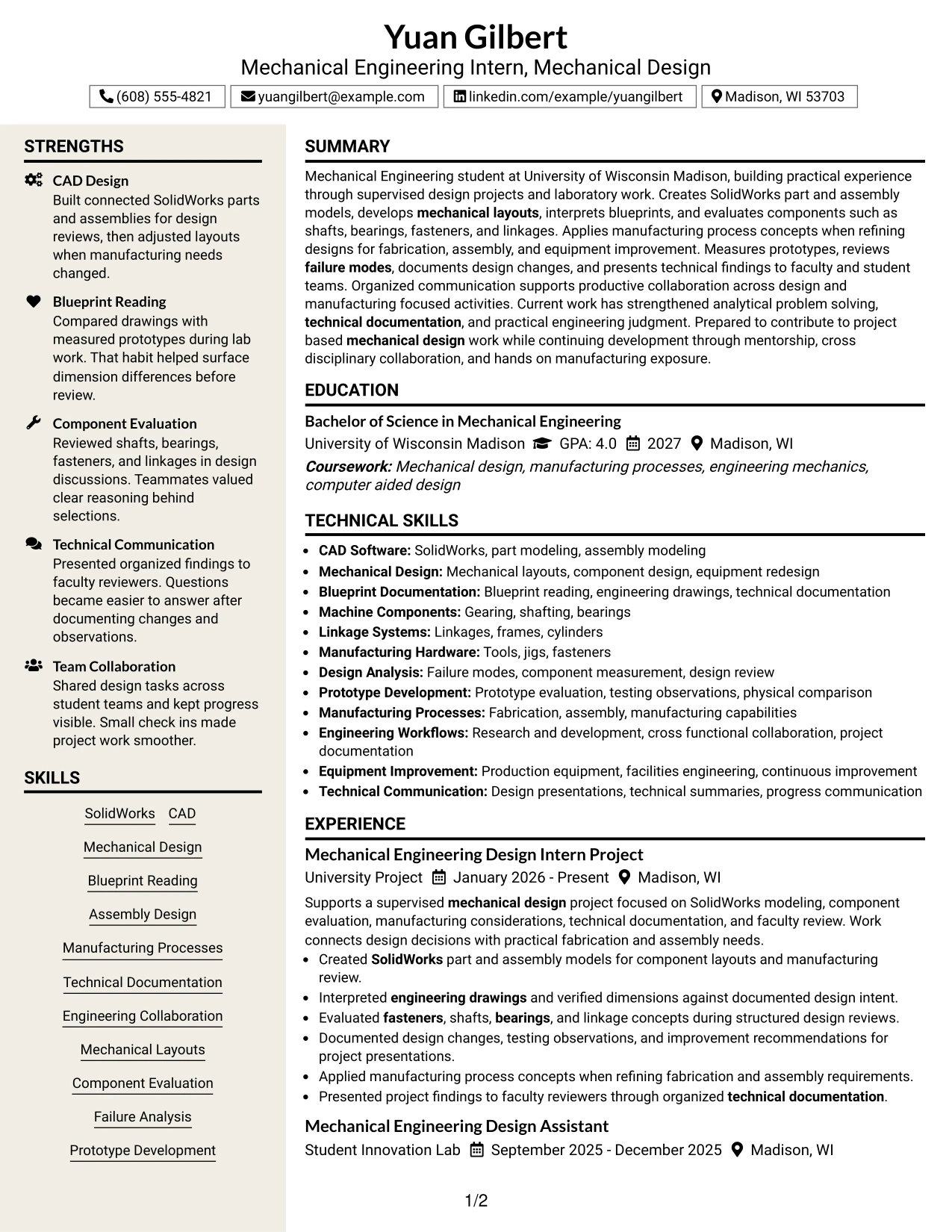 Resume Example Page 1