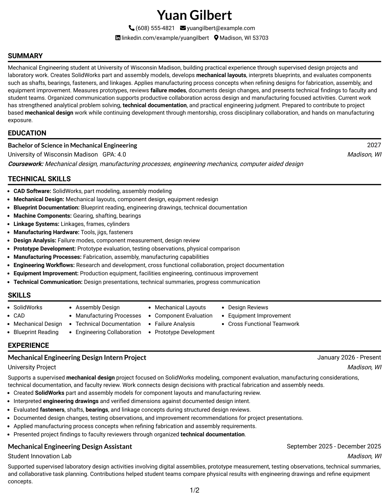 Resume Example Page 1