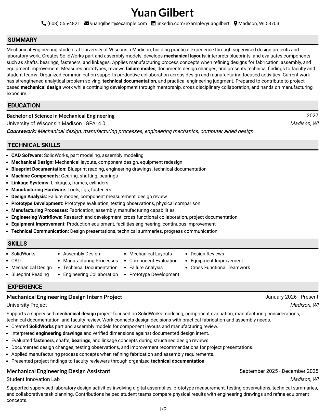 Resume Example Page 1