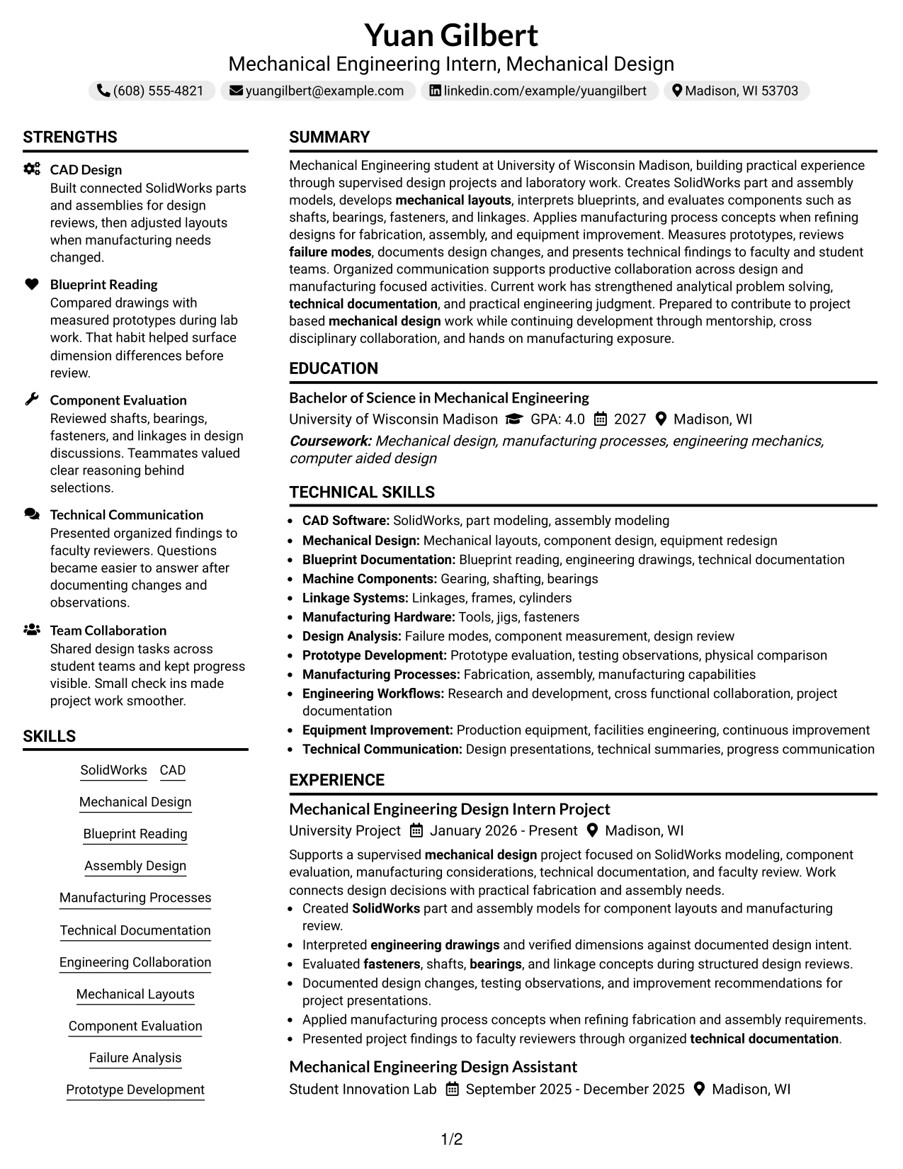 Resume Example Page 1