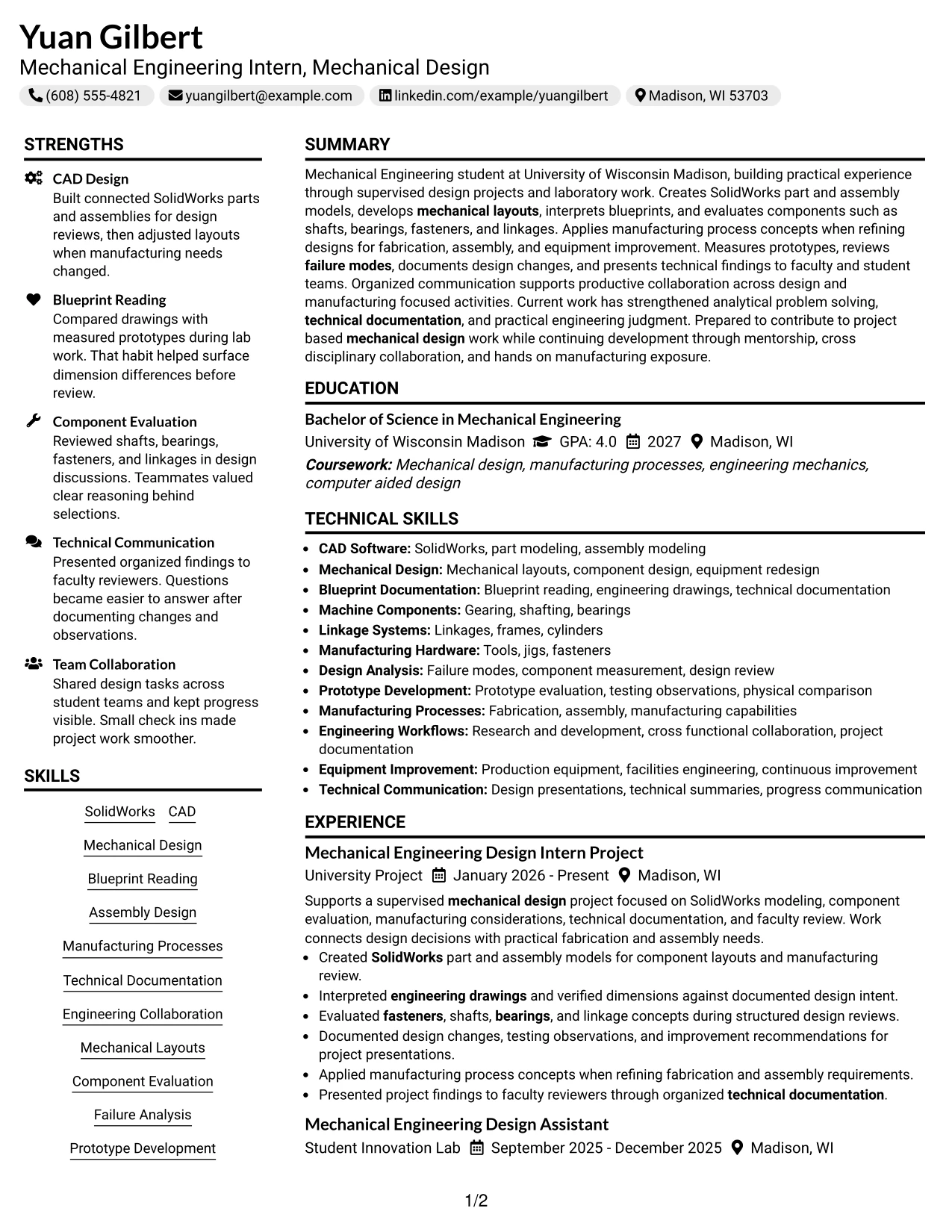 Resume Example Page 1