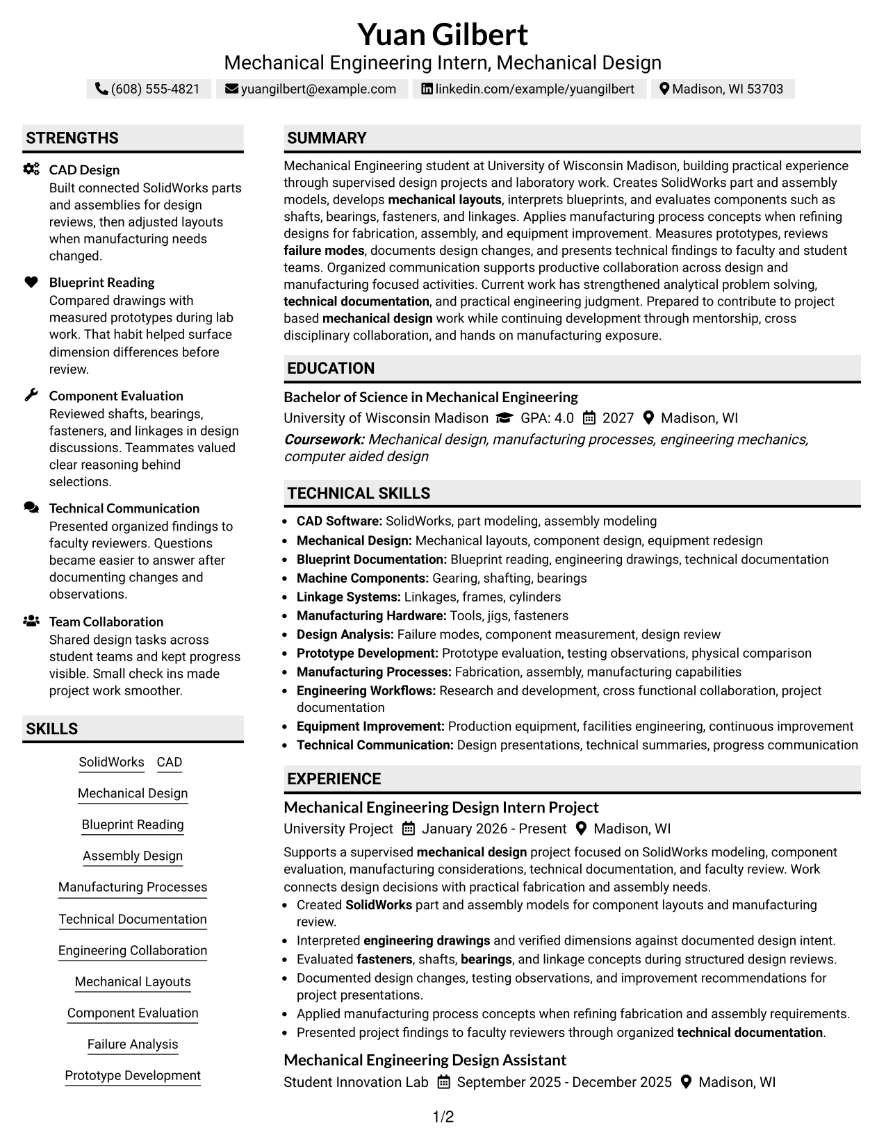 Resume Example Page 1