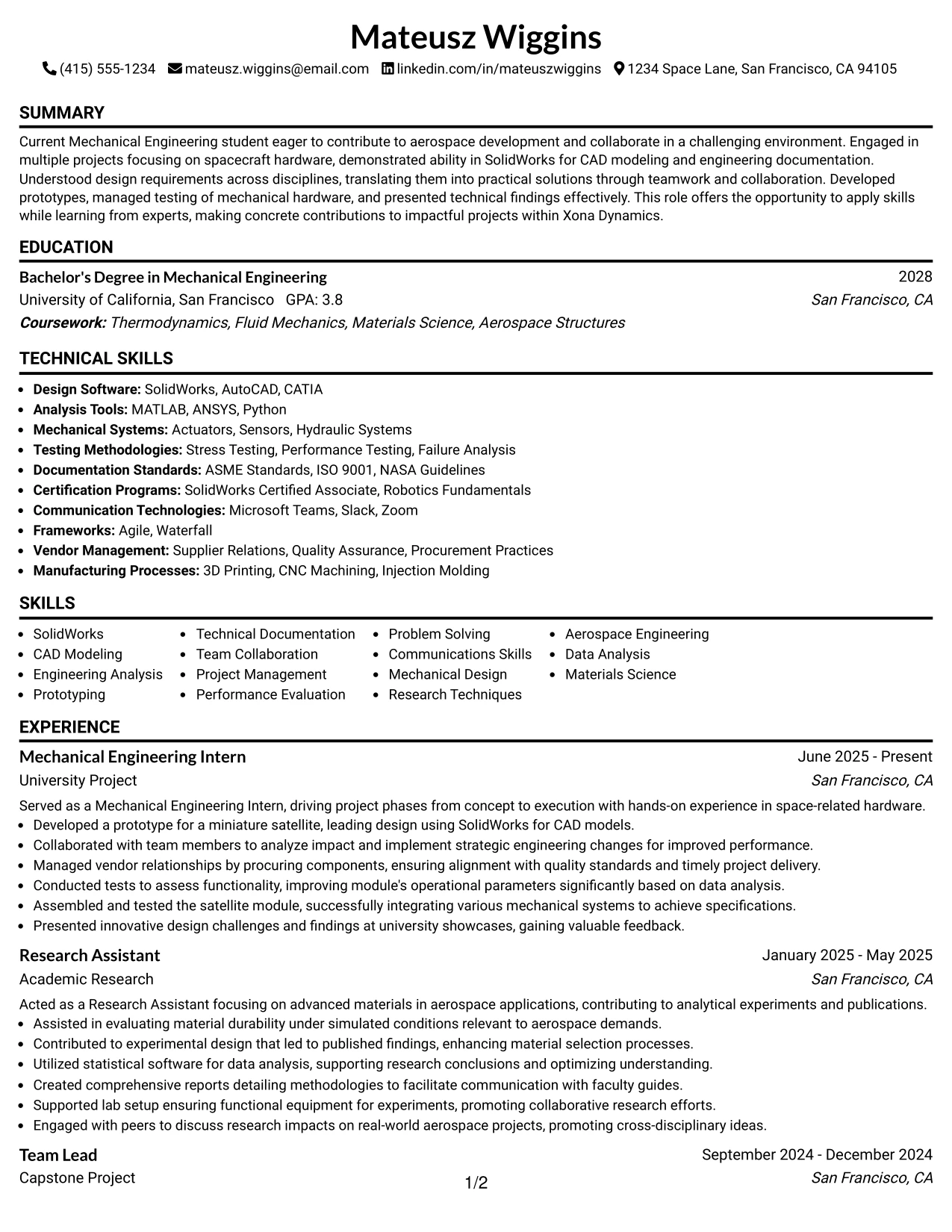 Resume Example Page 1