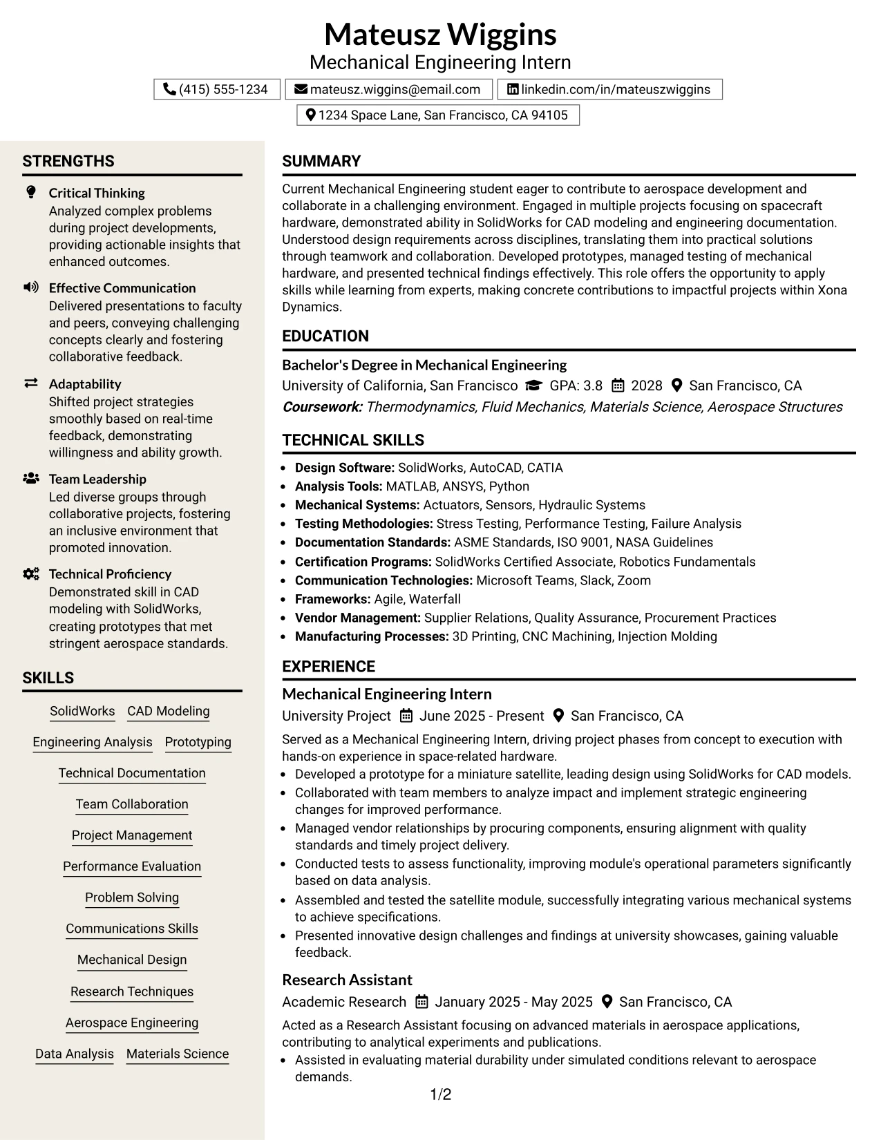 Resume Example Page 1