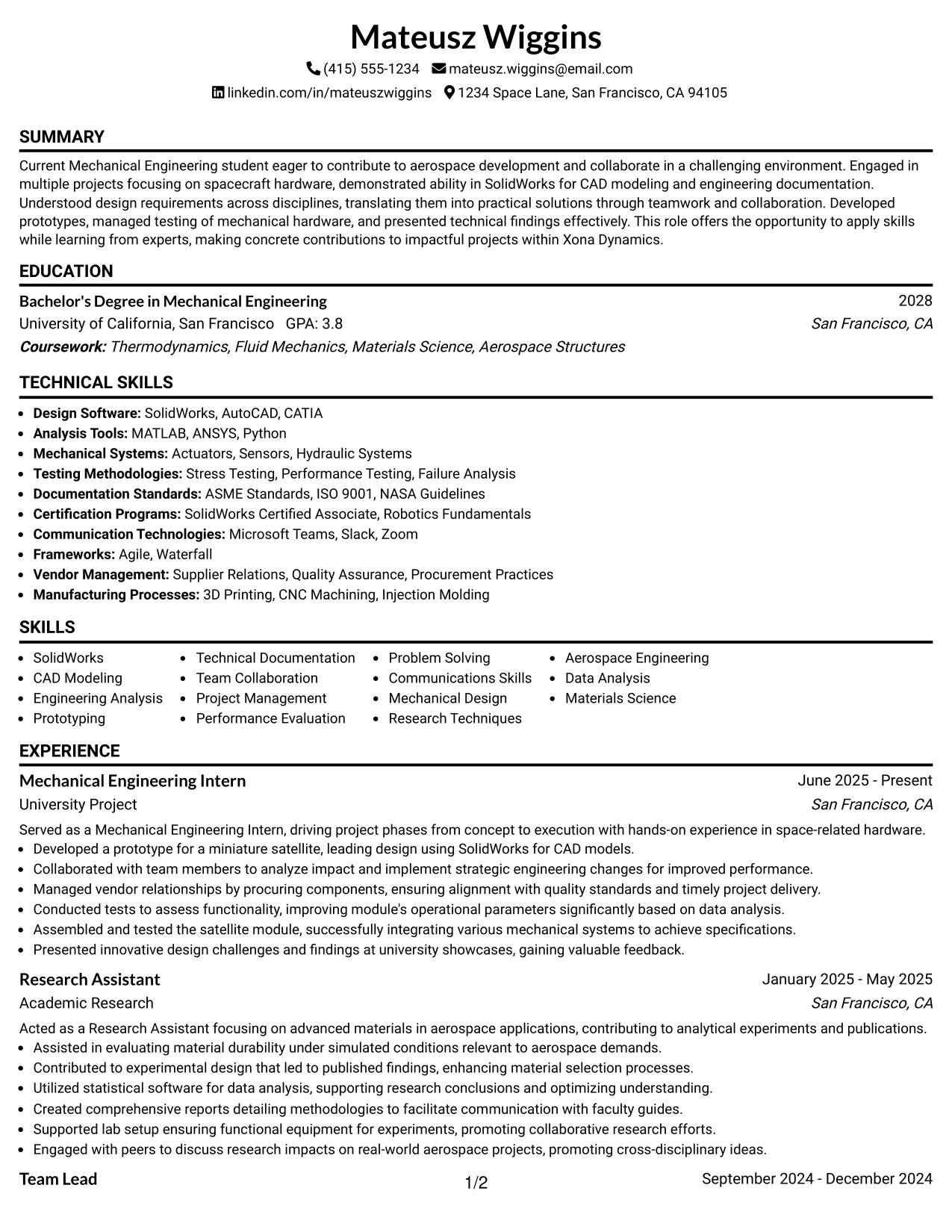 Resume Example Page 1