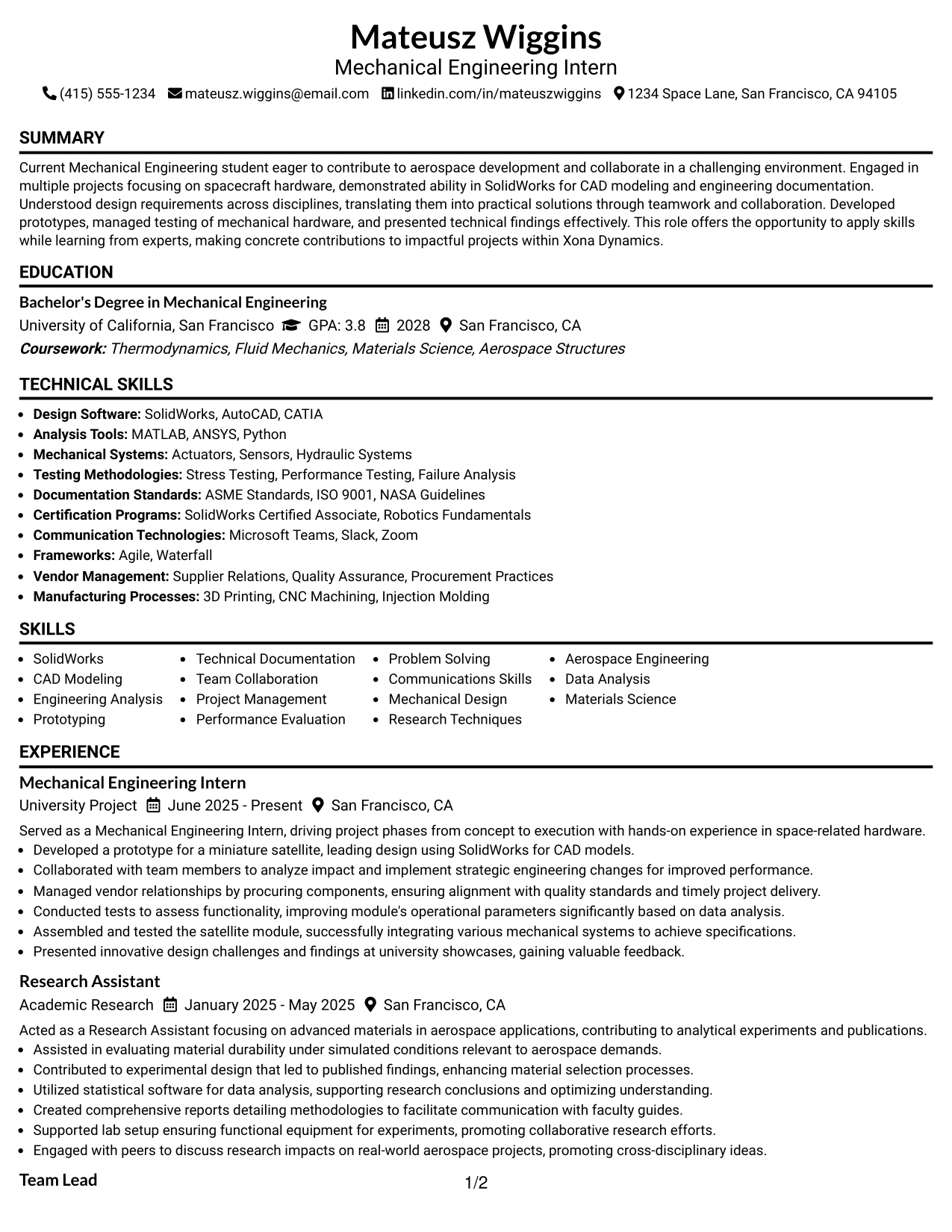 Resume Example Page 1