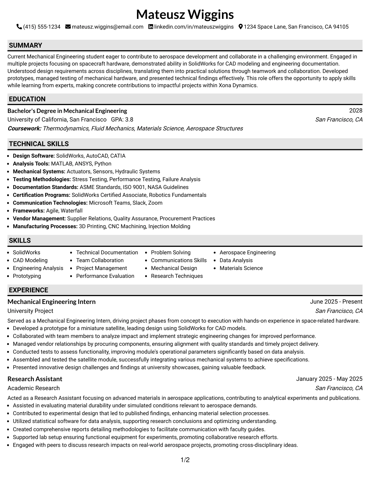 Resume Example Page 1