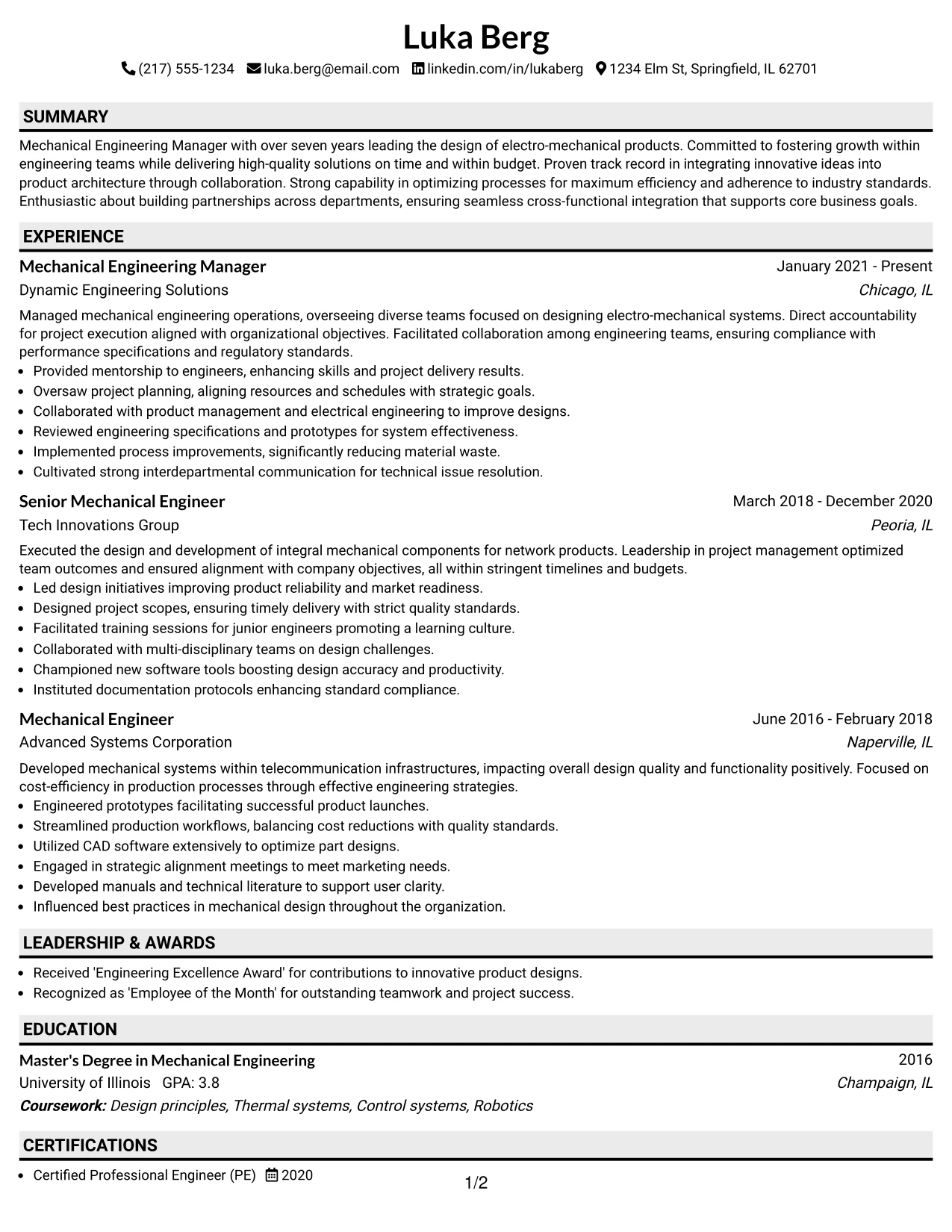 Resume Example Page 1