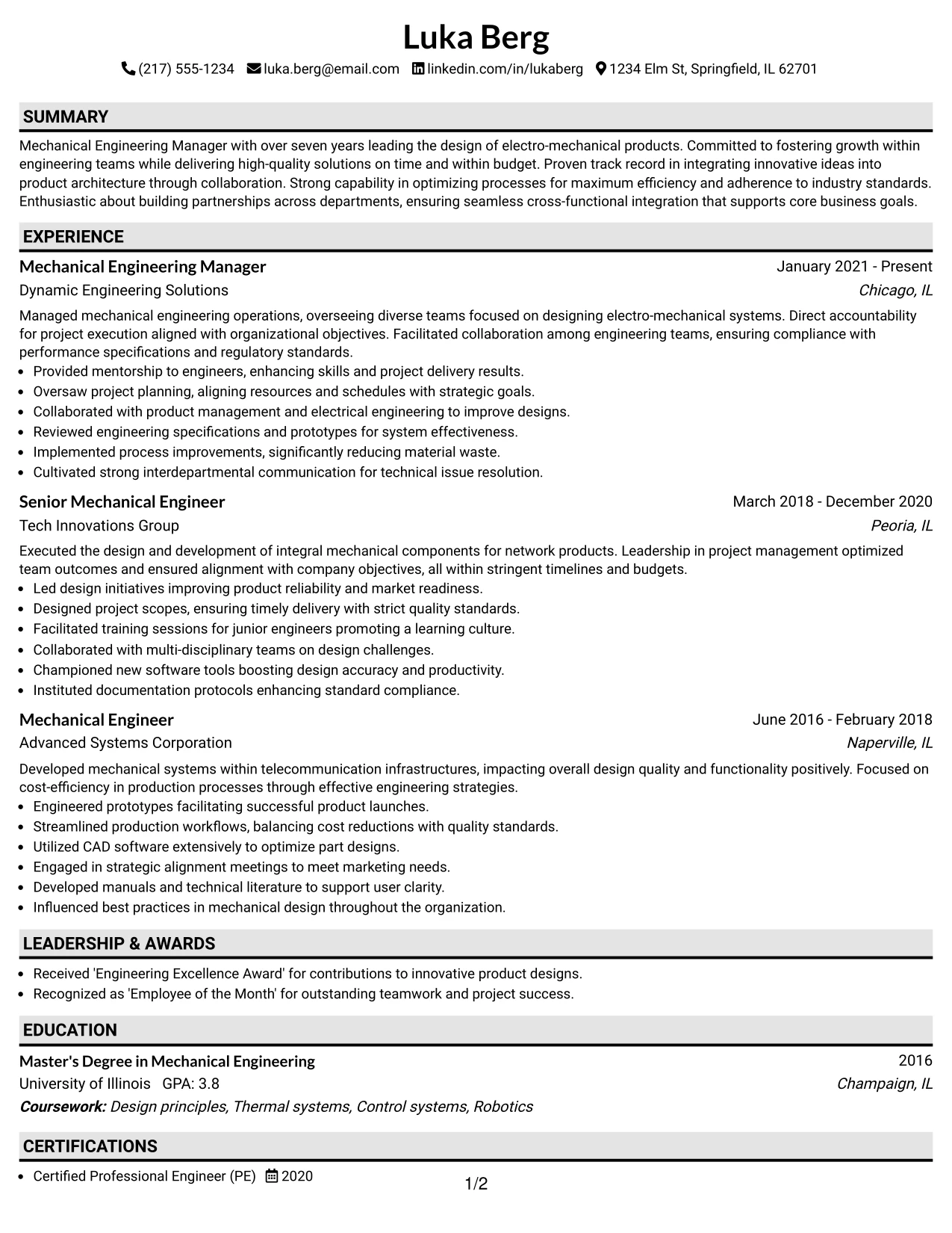 Resume Example Page 1