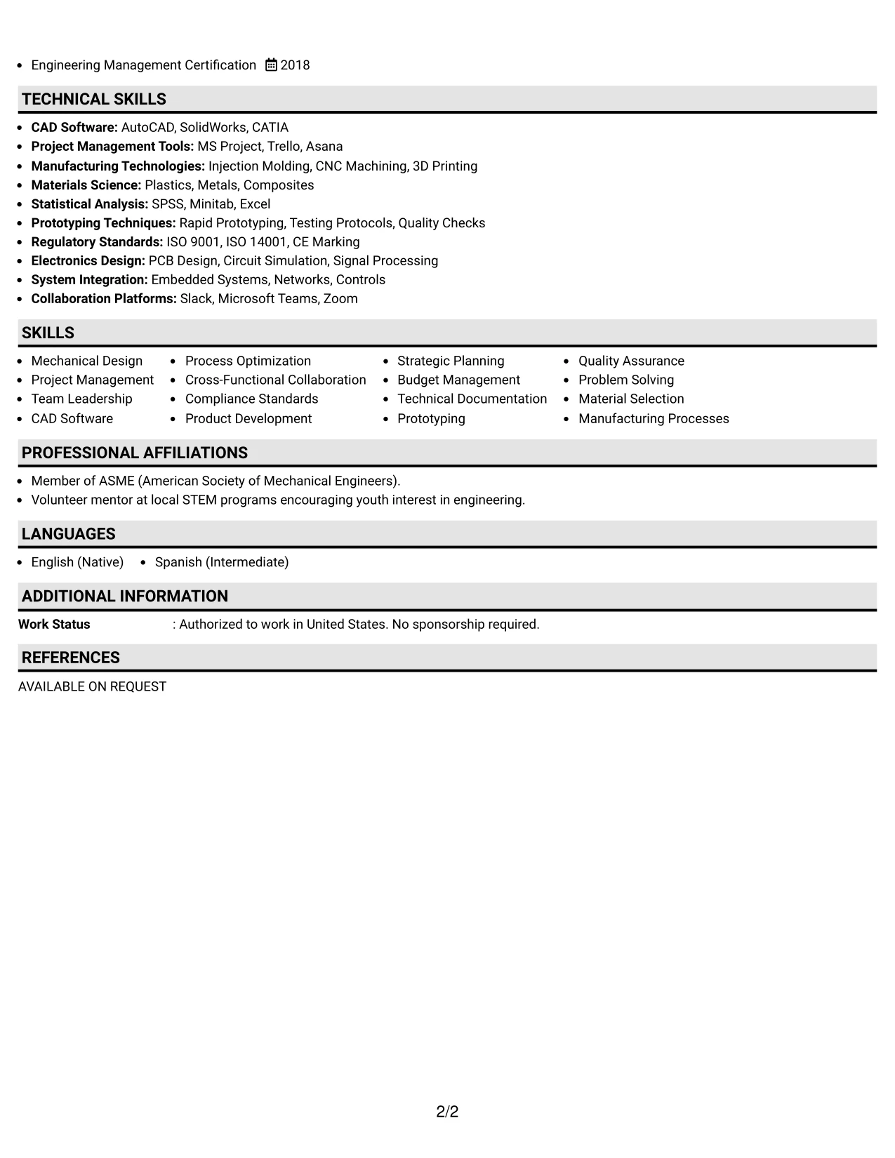 Resume Example Page 2