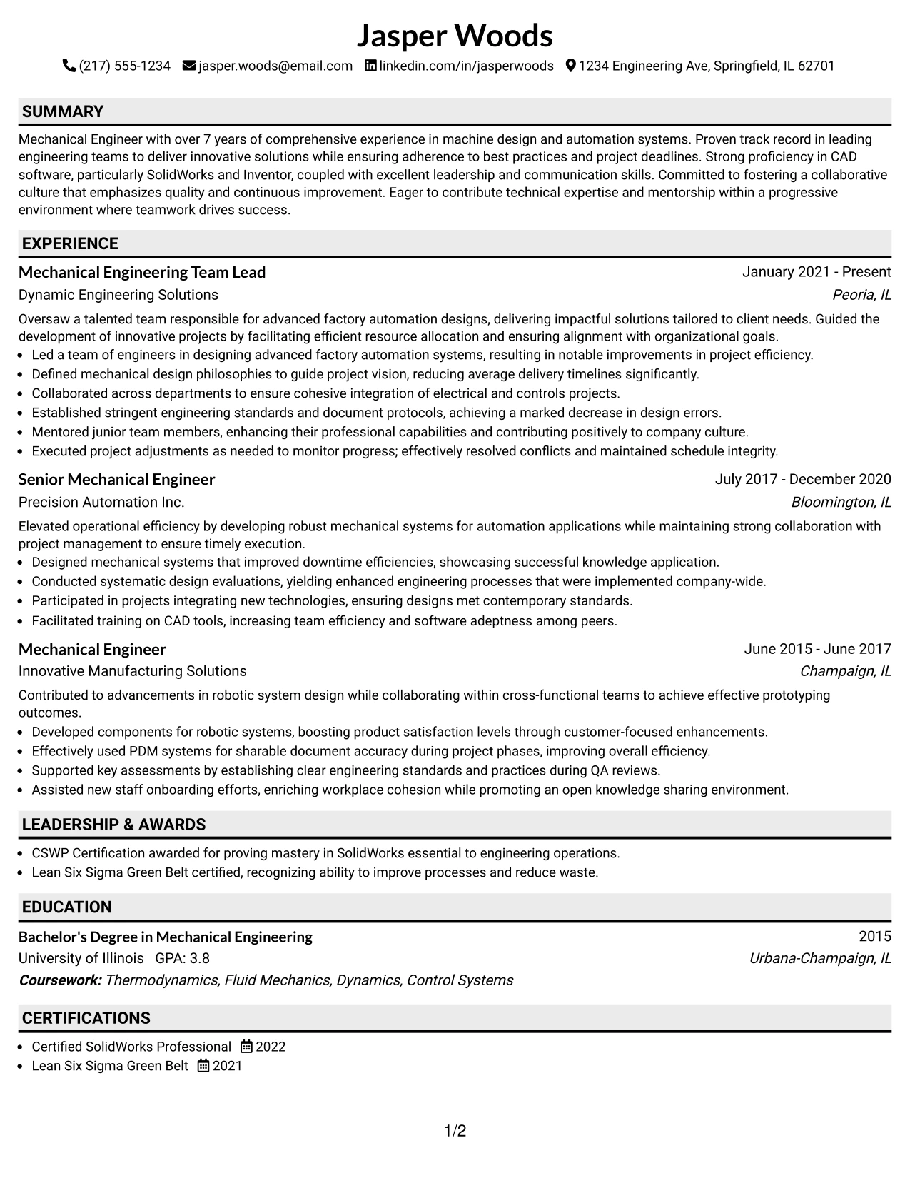 Resume Example Page 1