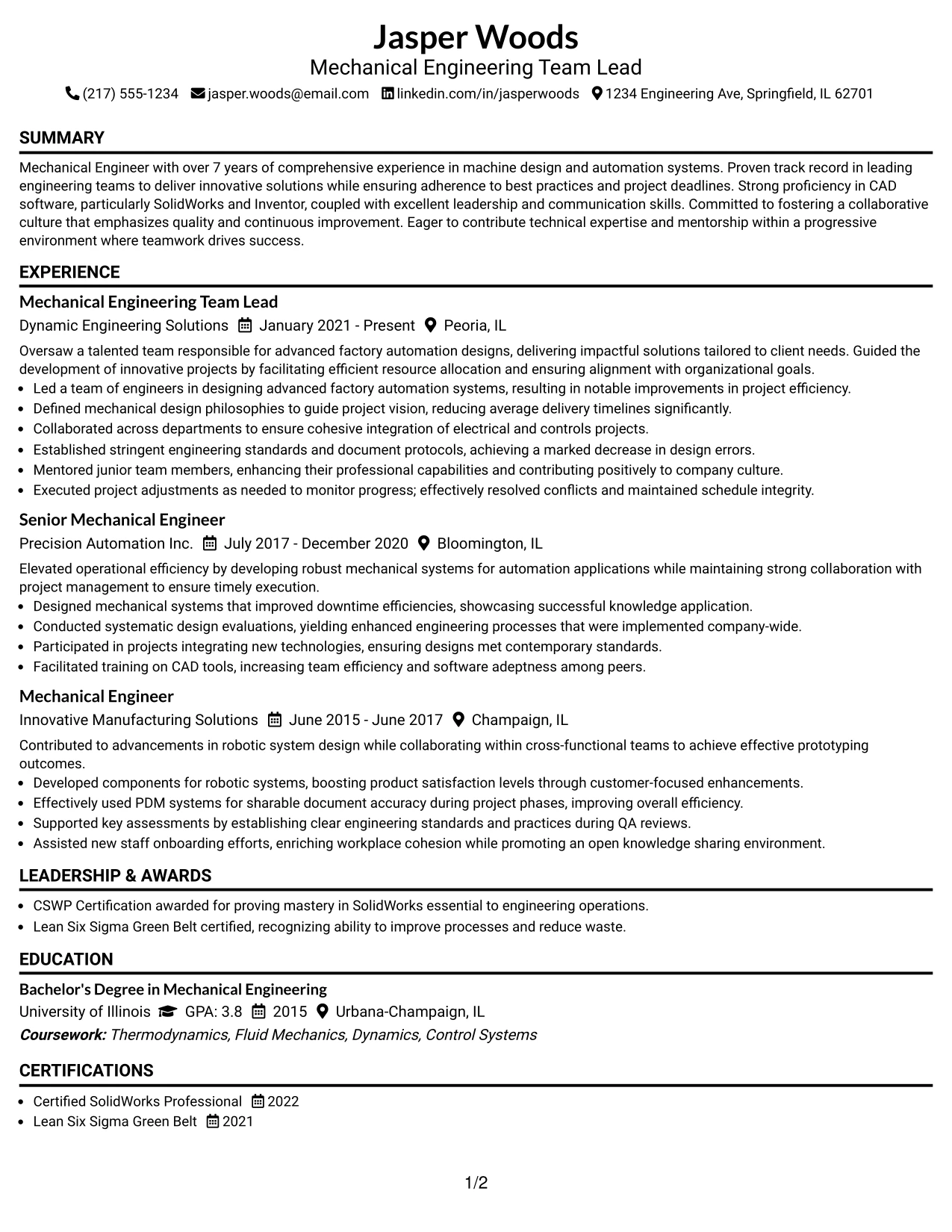 Resume Example Page 1