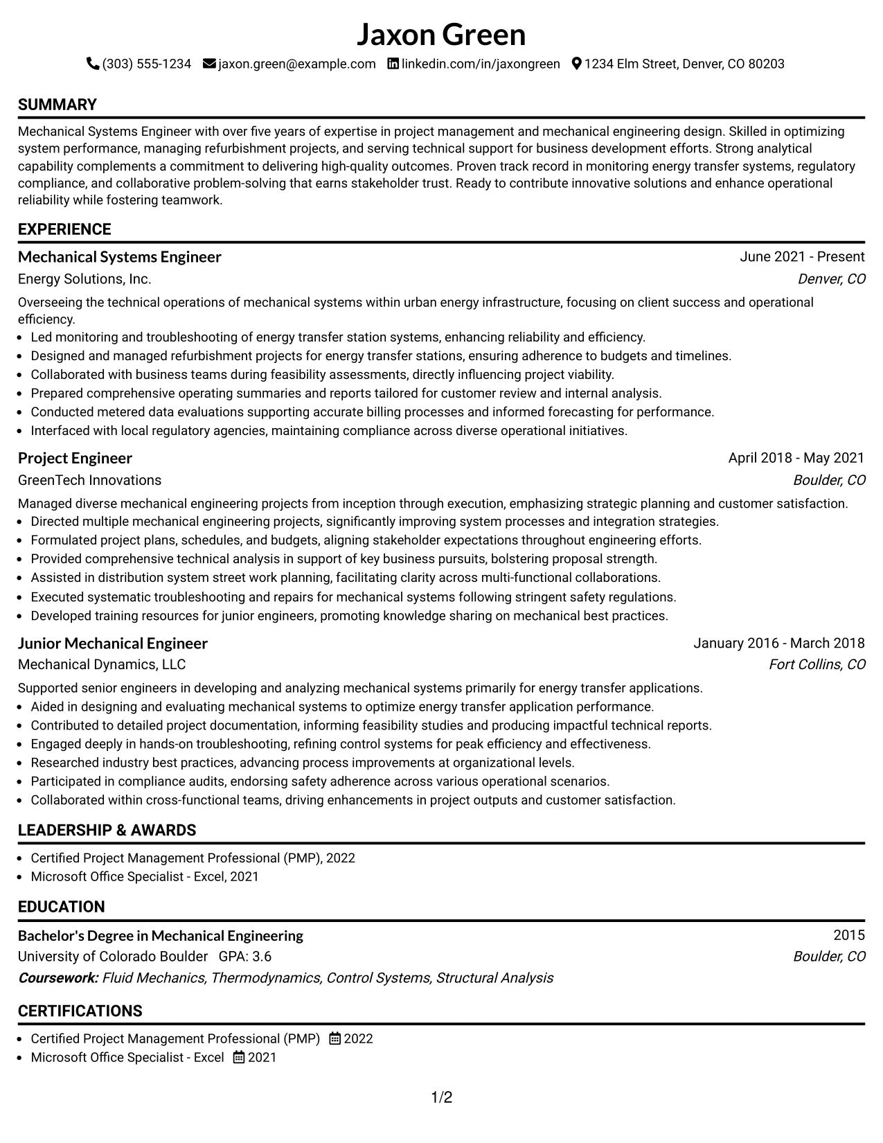 Resume Example Page 1