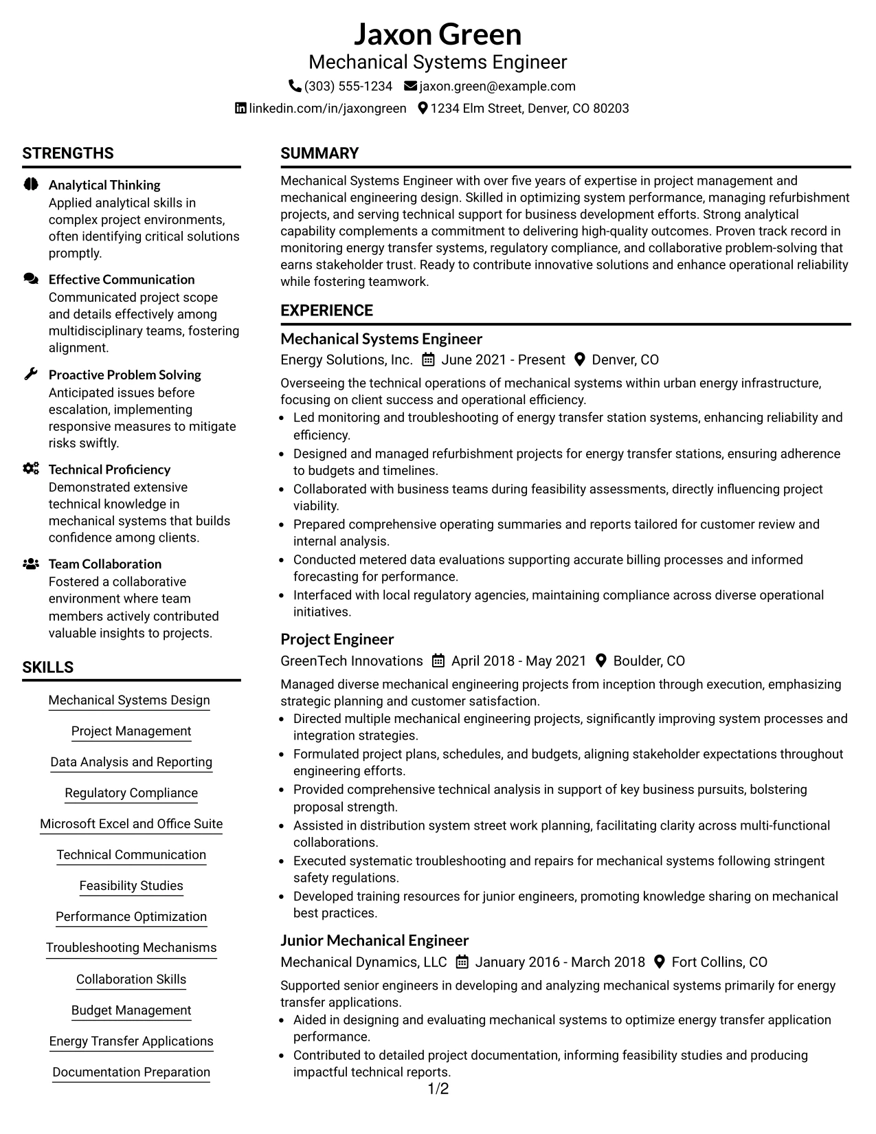Resume Example Page 1
