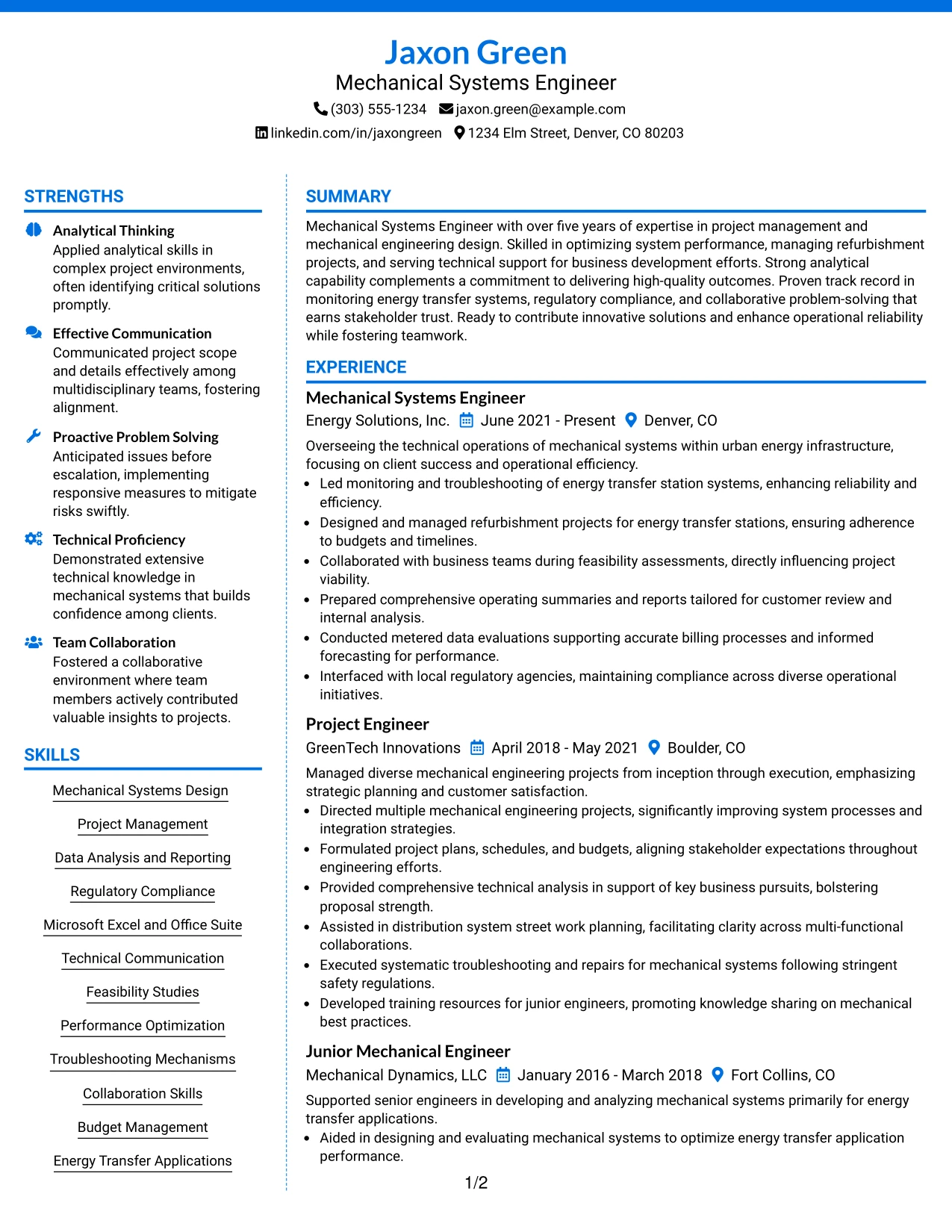 Resume Example Page 1