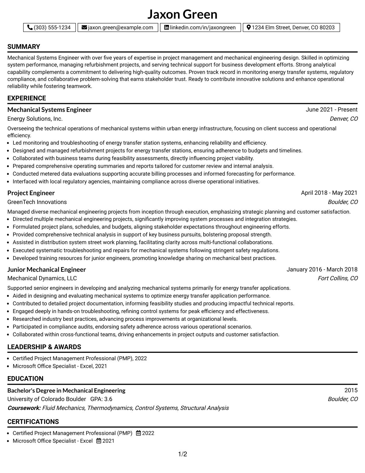Resume Example Page 1