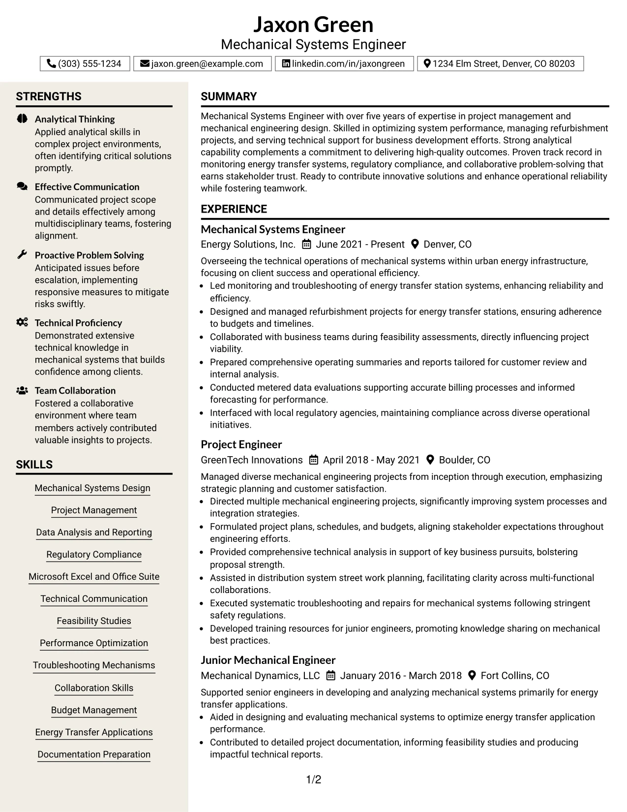 Resume Example Page 1