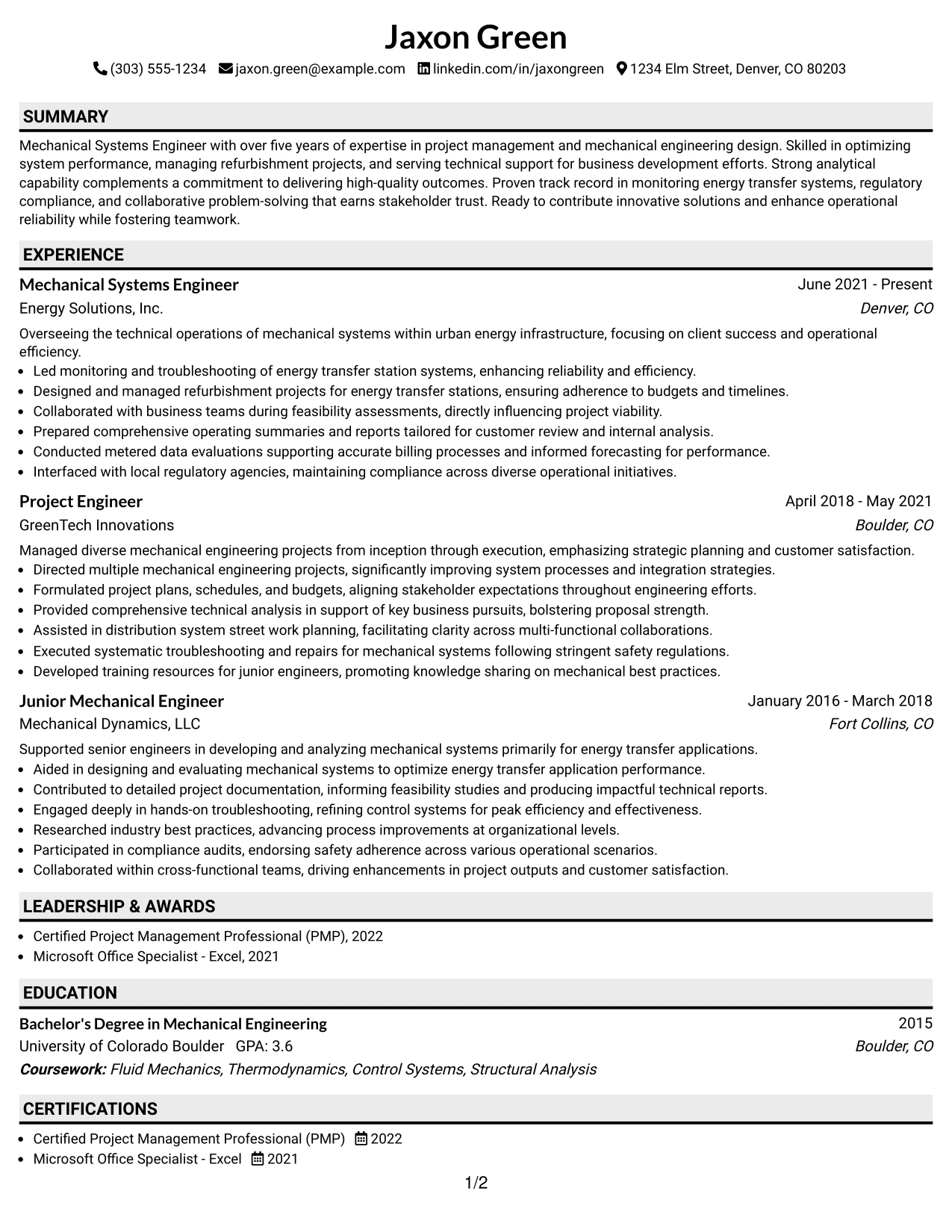 Resume Example Page 1