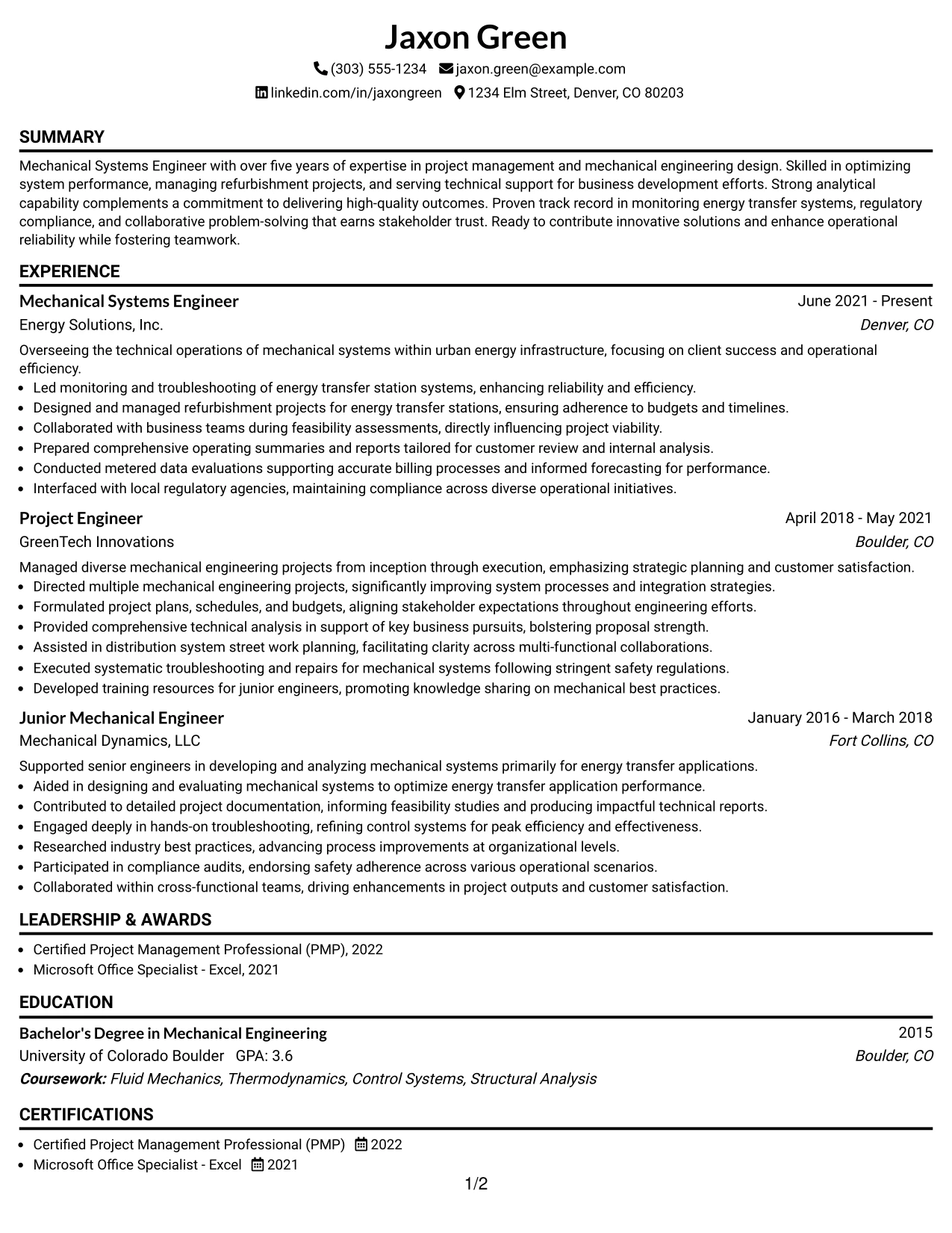 Resume Example Page 1