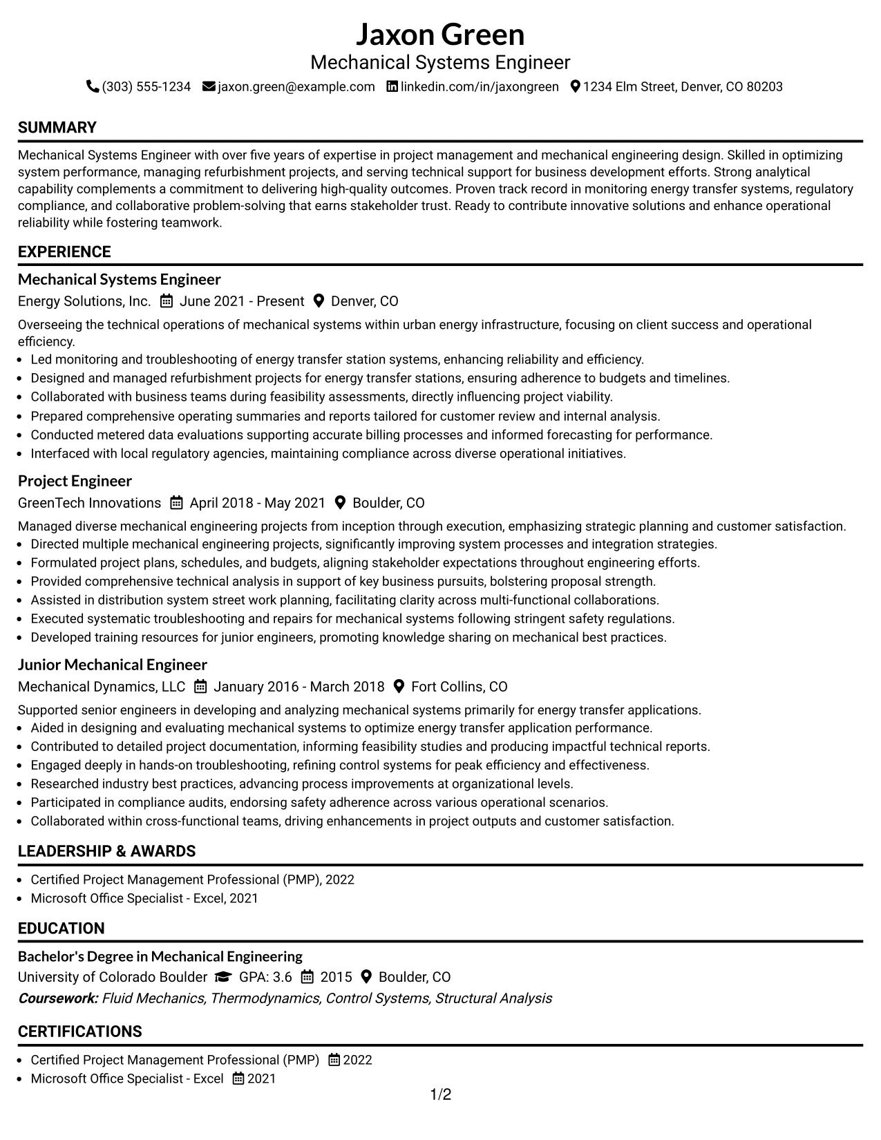 Resume Example Page 1
